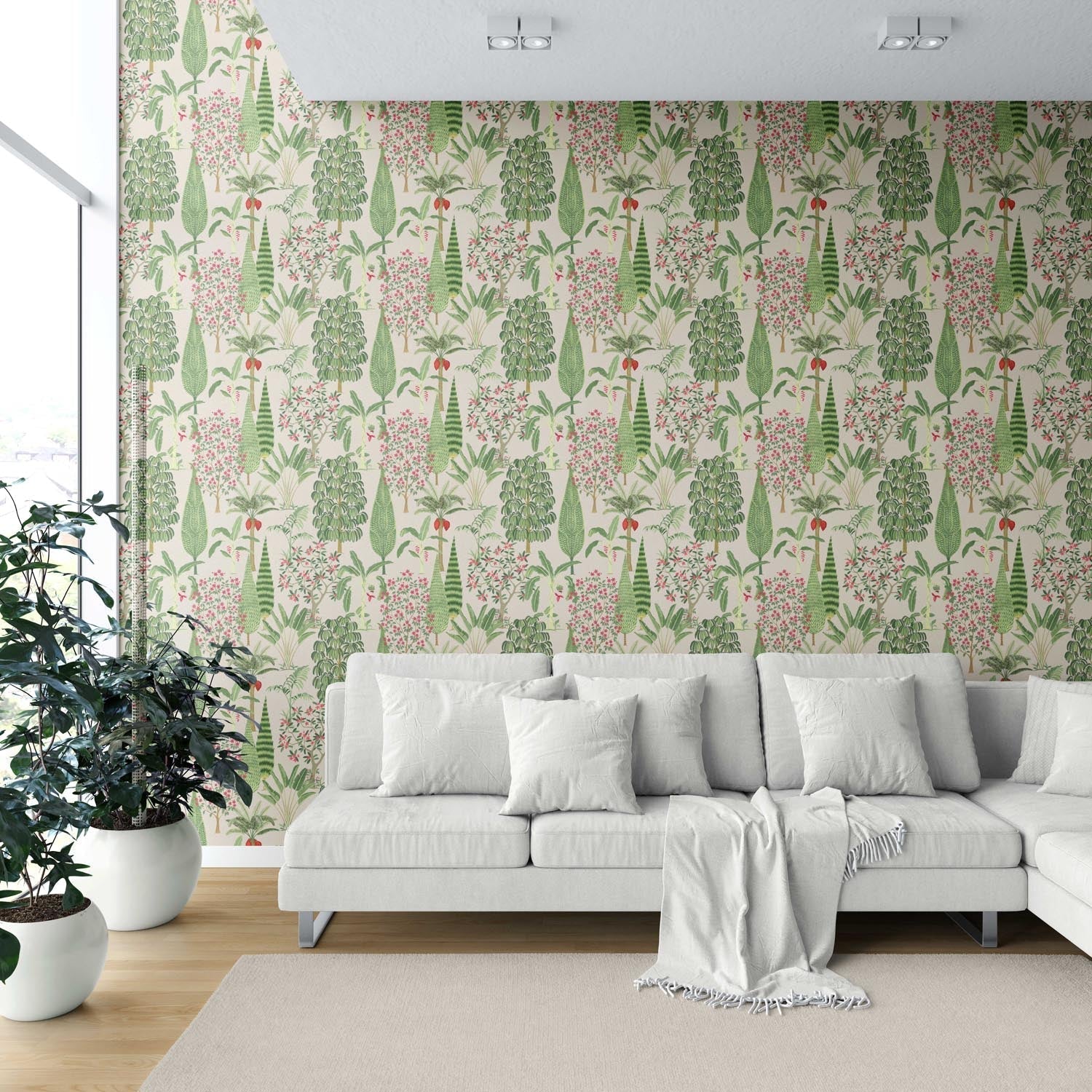 Tropical Floral/ Botanical Shower Toilet Wallpaper (Beige/ Green/ Pink/ Red)