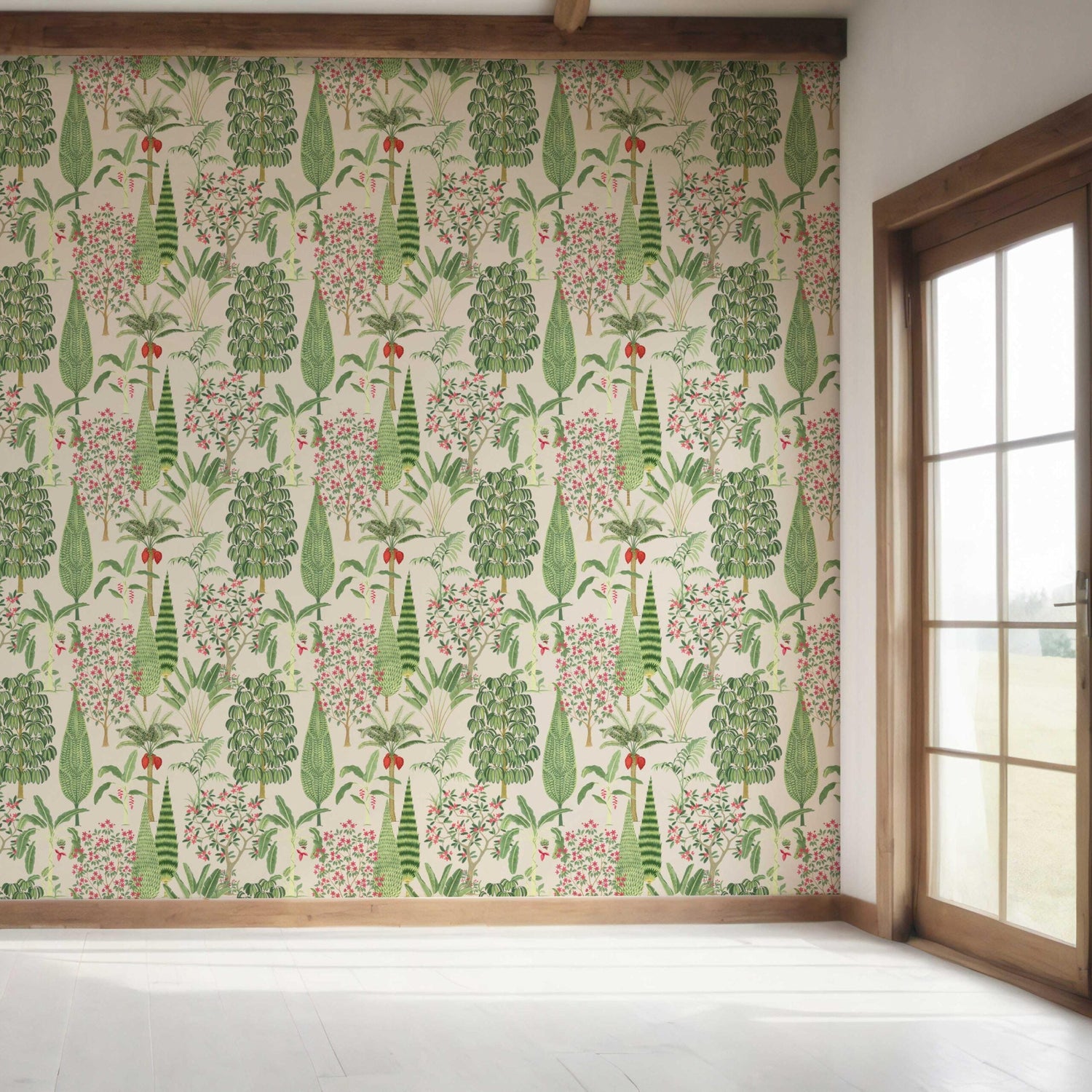 Tropical Floral/ Botanical Bedroom Wallpaper (Beige/ Green/ Pink/ Red)