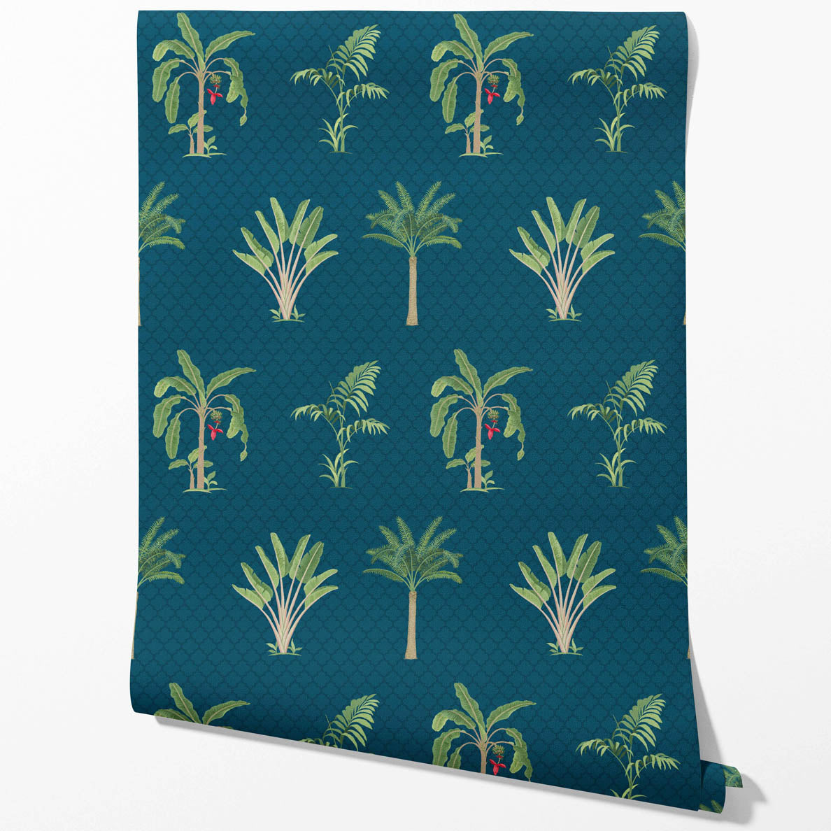 Botanical/ Floral Block Print Kitchen Wallpaper (Teal Blue/ Green/ Red)