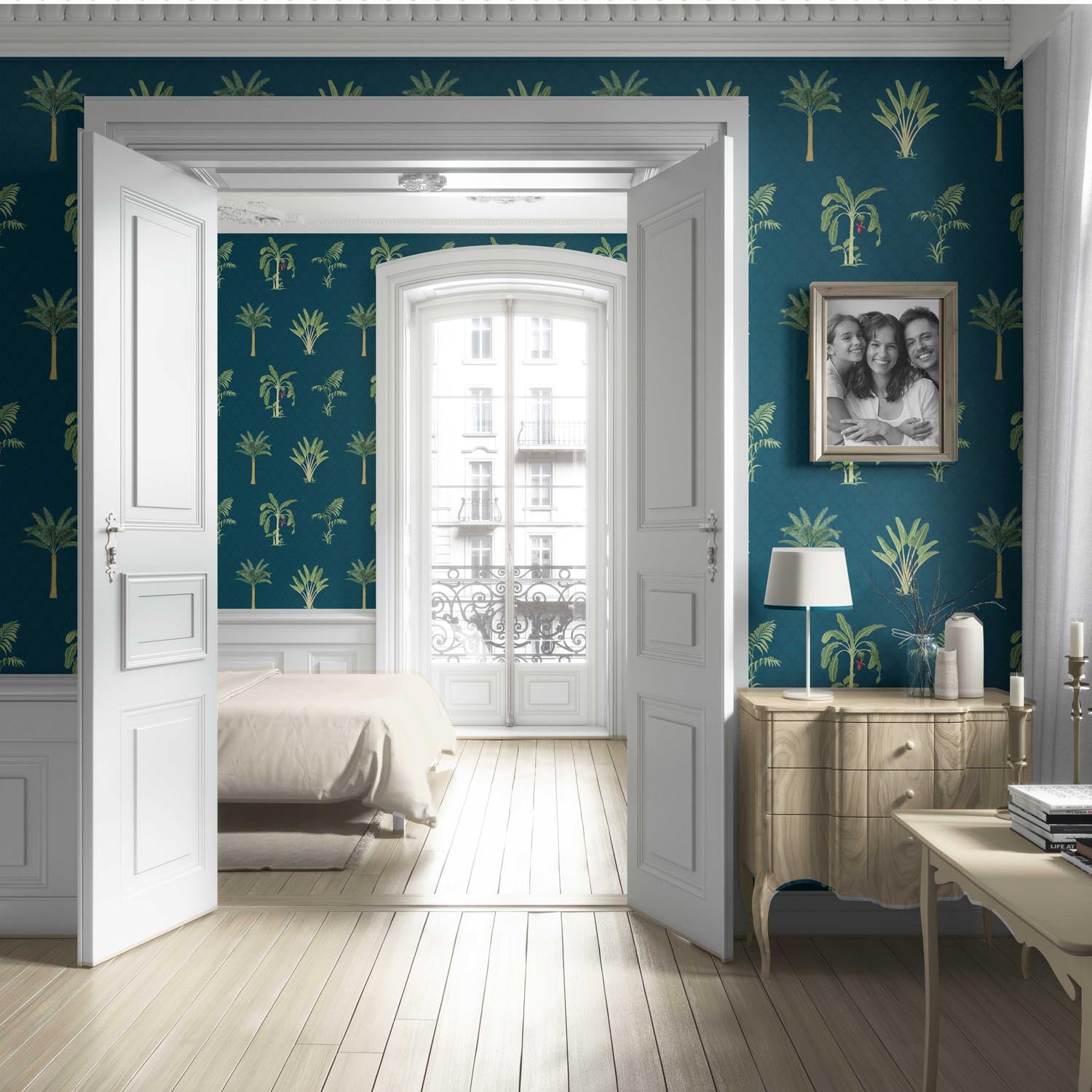 Botanical/ Floral Block Print Living Room Wallpaper (Teal Blue/ Green/ Red)