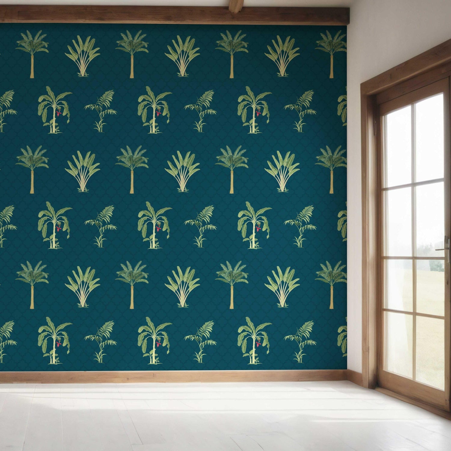 Botanical/ Floral Block Print Bedroom Wallpaper (Teal Blue/ Green/ Red)