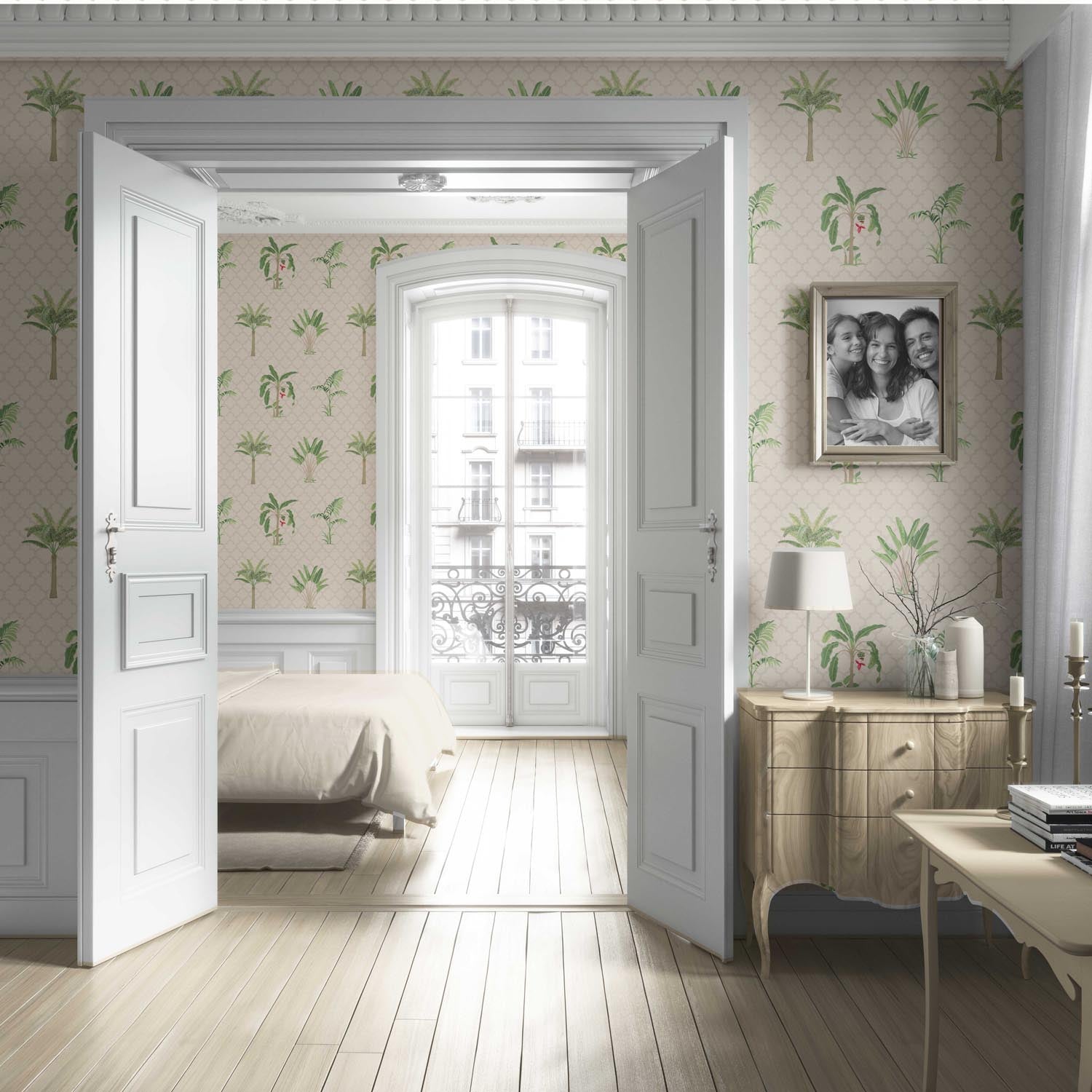 Botanical/ Floral Block Print Living Room Wallpaper (Beige/ Green/ Red/ Soft Taupe)