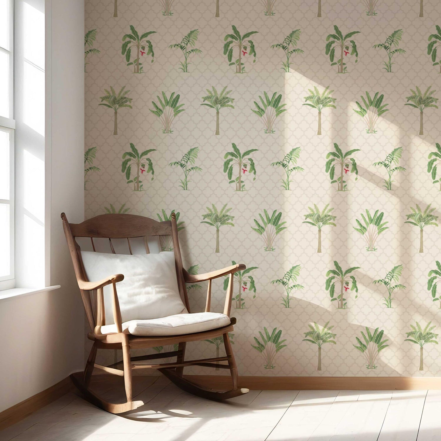 Botanical/ Floral Block Print Nursery Wallpaper (Beige/ Green/ Red/ Soft Taupe)