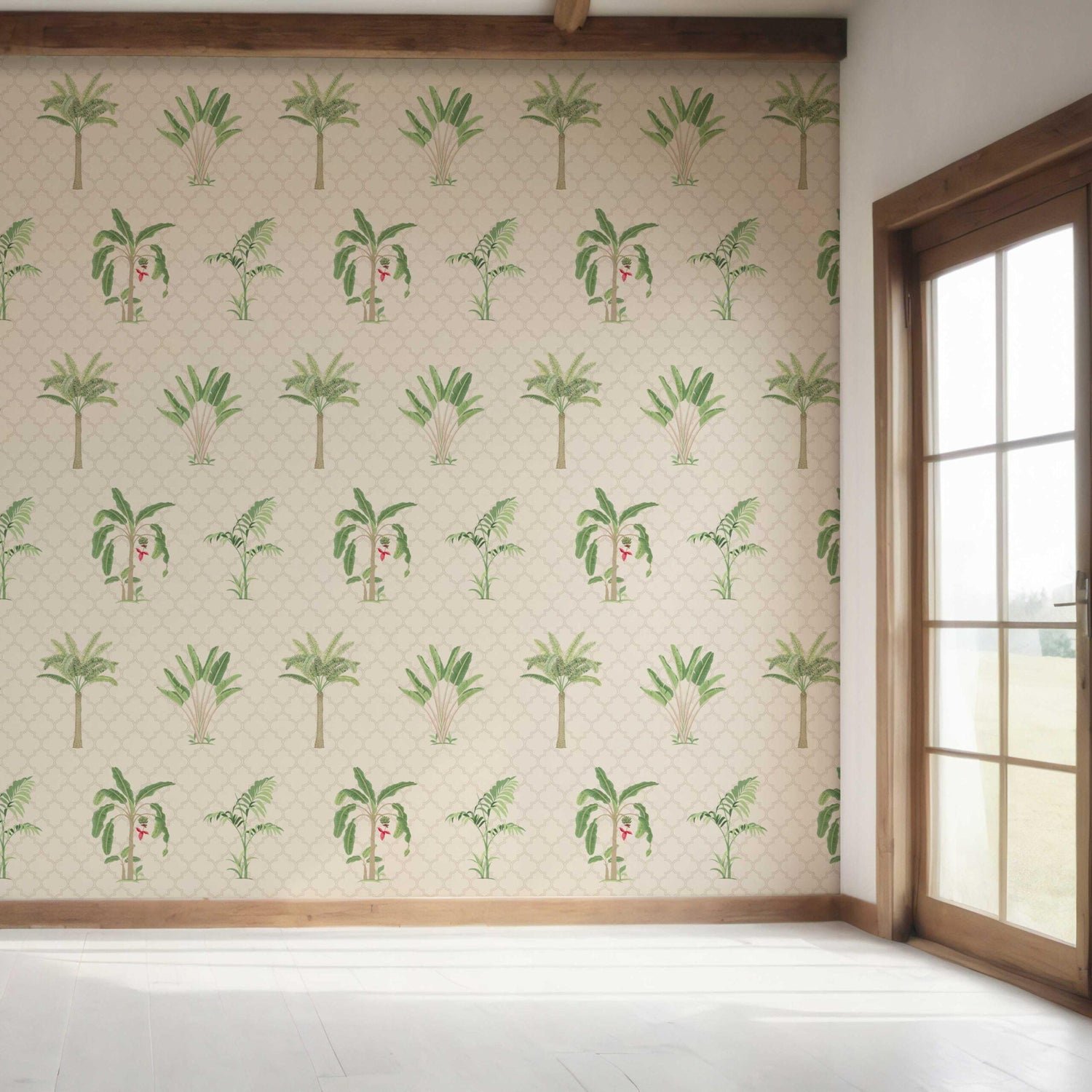 Botanical/ Floral Block Print Bedroom Wallpaper (Beige/ Green/ Red/ Soft Taupe)