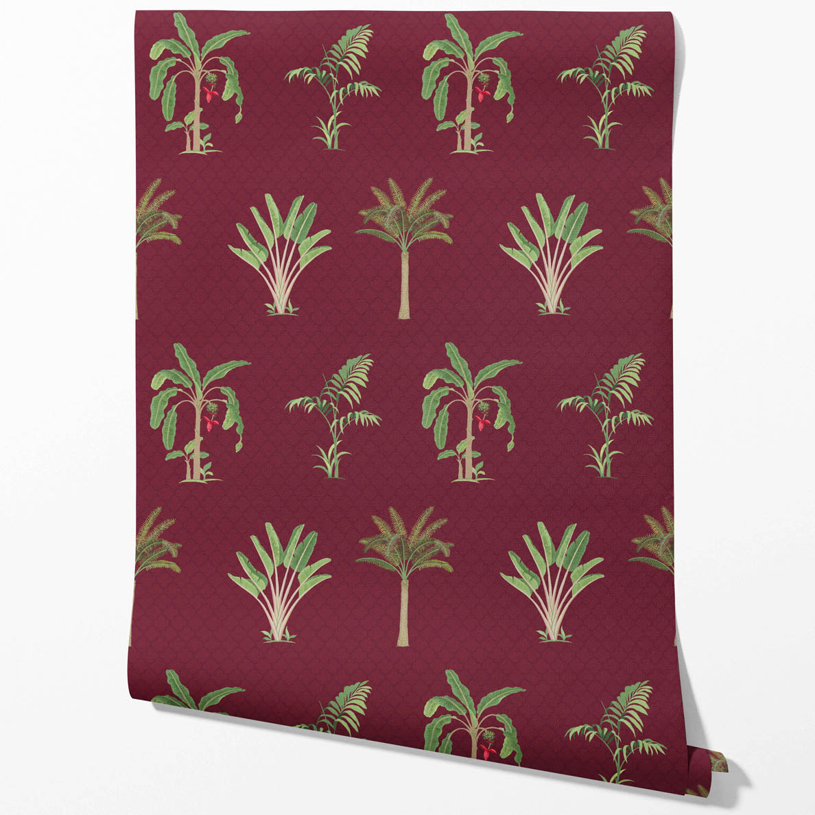 Botanical/ Floral Block Print Kitchen Wallpaper (Red/ Maroon/ Green)