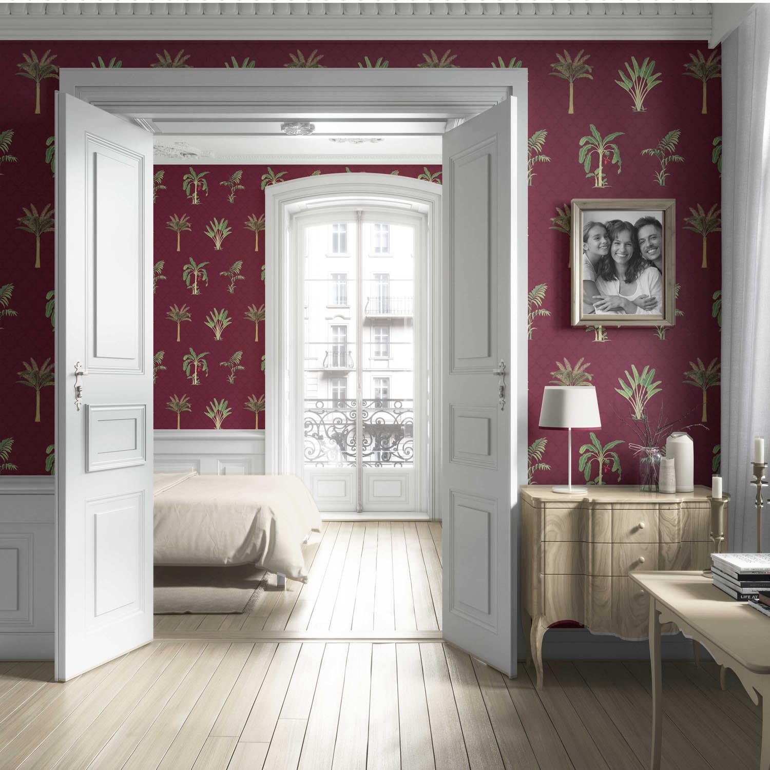 Botanical/ Floral Block Print Living Room Wallpaper (Red/ Maroon/ Green)