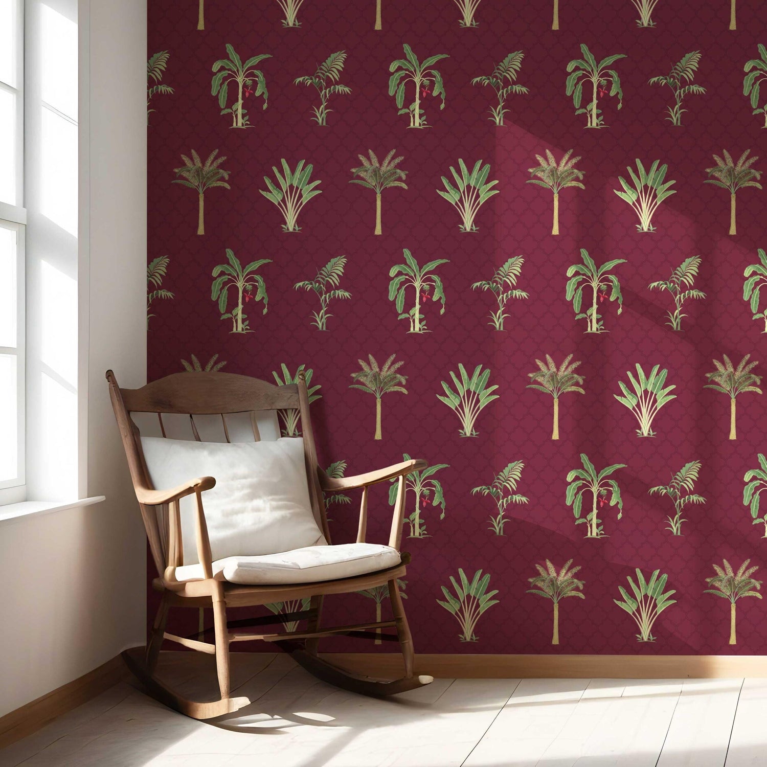 Botanical/ Floral Block Print Nursery Wallpaper (Red/ Maroon/ Green)