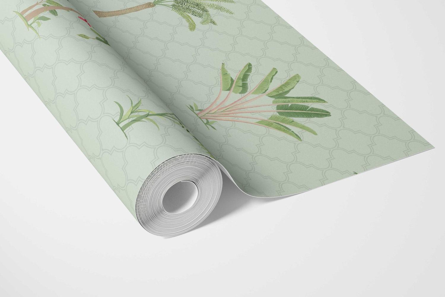 Botanical/ Floral Block Print Bathroom Wallpaper (Mint Green/ Red)