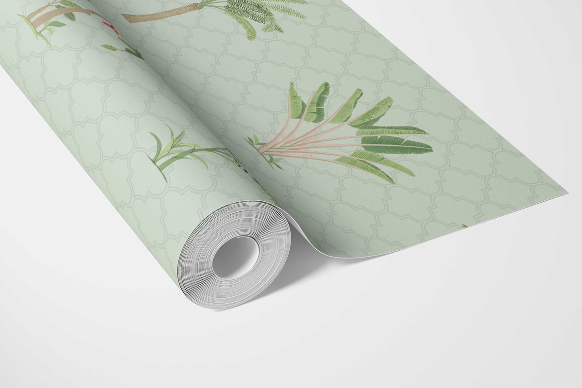 Botanical/ Floral Block Print Bathroom Wallpaper (Mint Green/ Red)