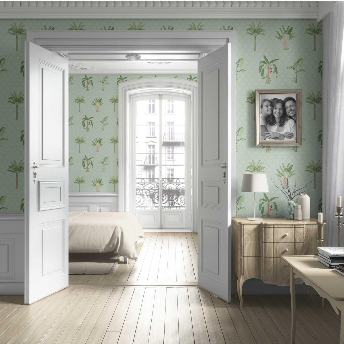 Botanical/ Floral Block Print Living Room Wallpaper (Mint Green/ Red)