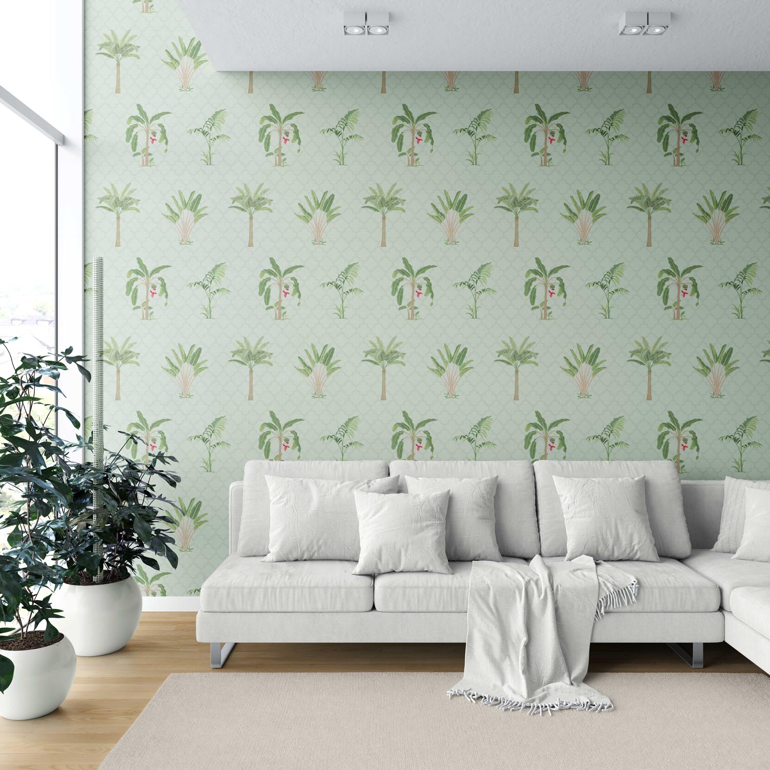 Botanical/ Floral Block Print Shower Toilet Wallpaper (Mint Green/ Red)