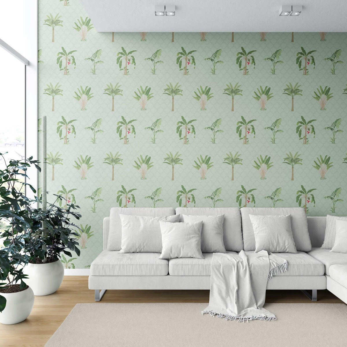 Botanical/ Floral Block Print Shower Toilet Wallpaper (Mint Green/ Red)