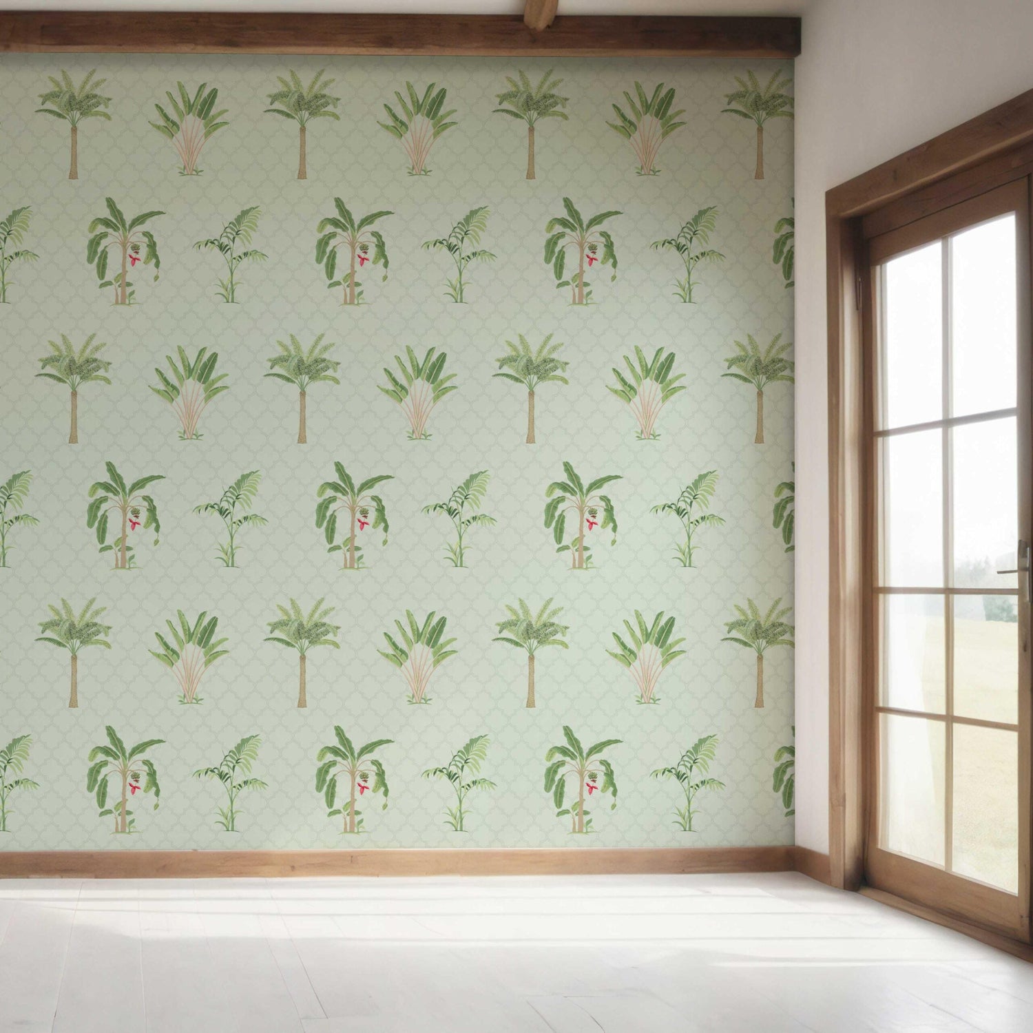 Botanical/ Floral Block Print Bedroom Wallpaper (Mint Green/ Red)