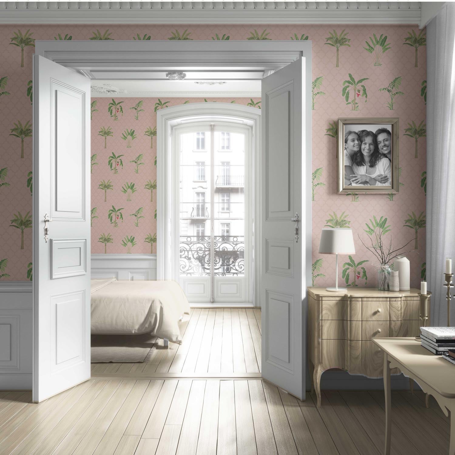 Botanical/ Floral Block Print Living Room Wallpaper (Pink/ Green/ Red)