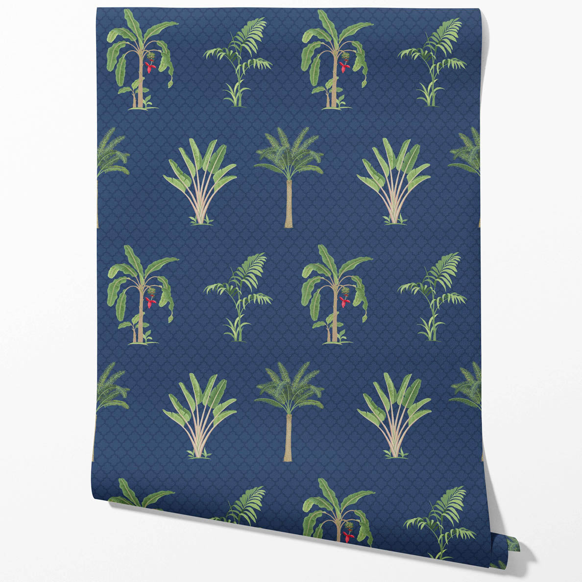 Botanical/ Floral Block Print Kitchen Wallpaper (Navy Blue/ Green/ Red)