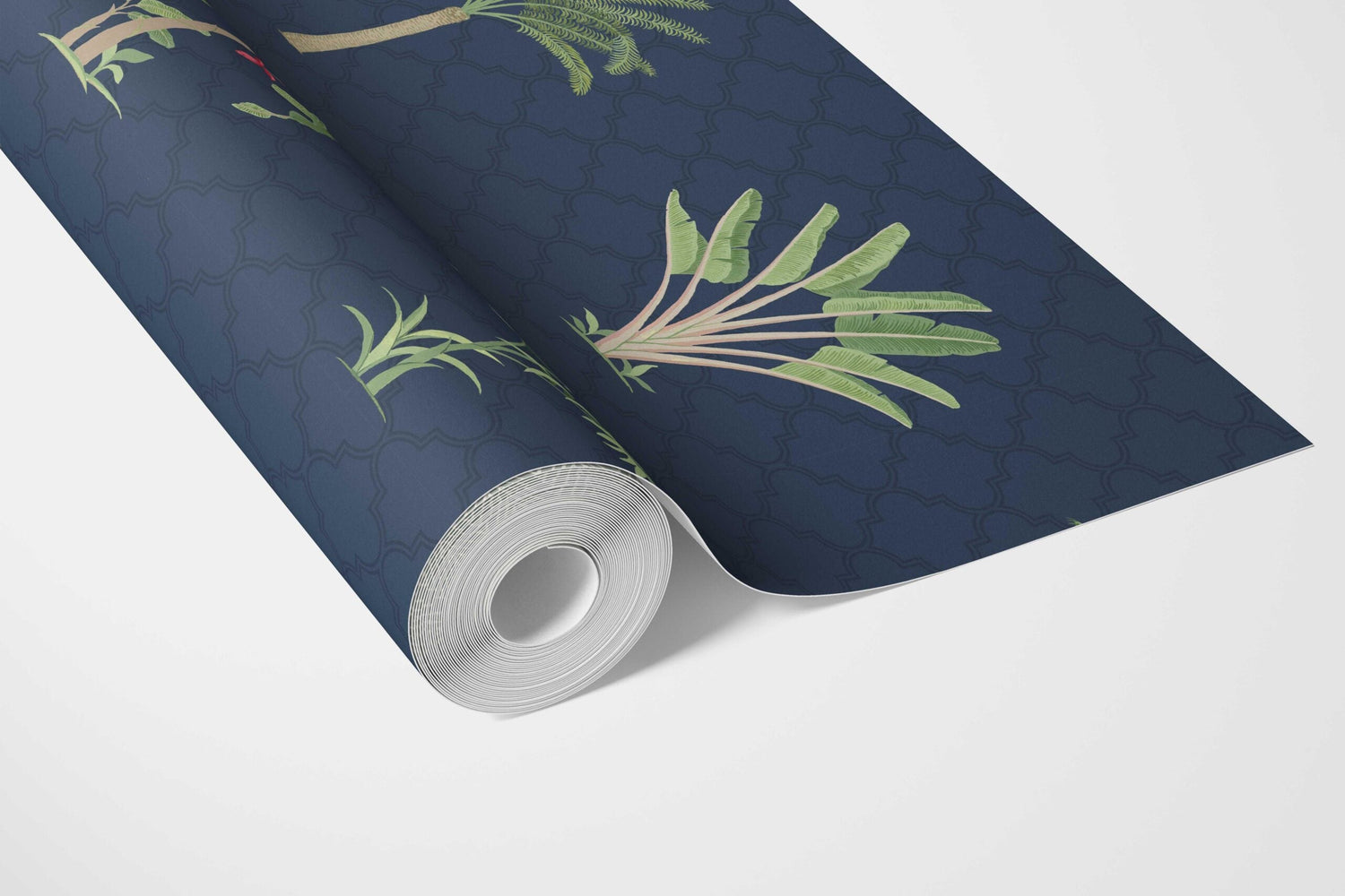 Botanical/ Floral Block Print Bathroom Wallpaper (Navy Blue/ Green/ Red)