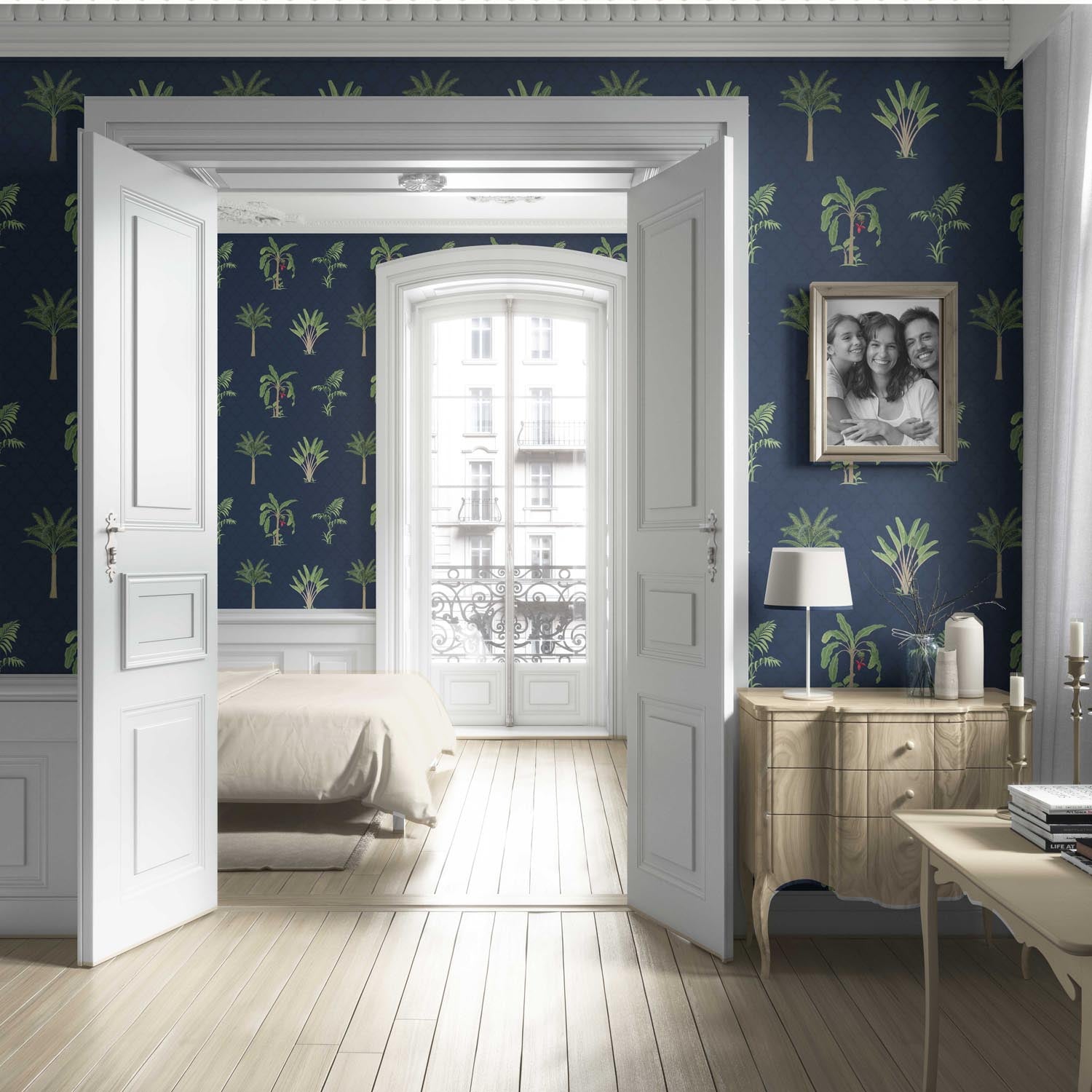 Botanical/ Floral Block Print Living Room Wallpaper (Navy Blue/ Green/ Red)