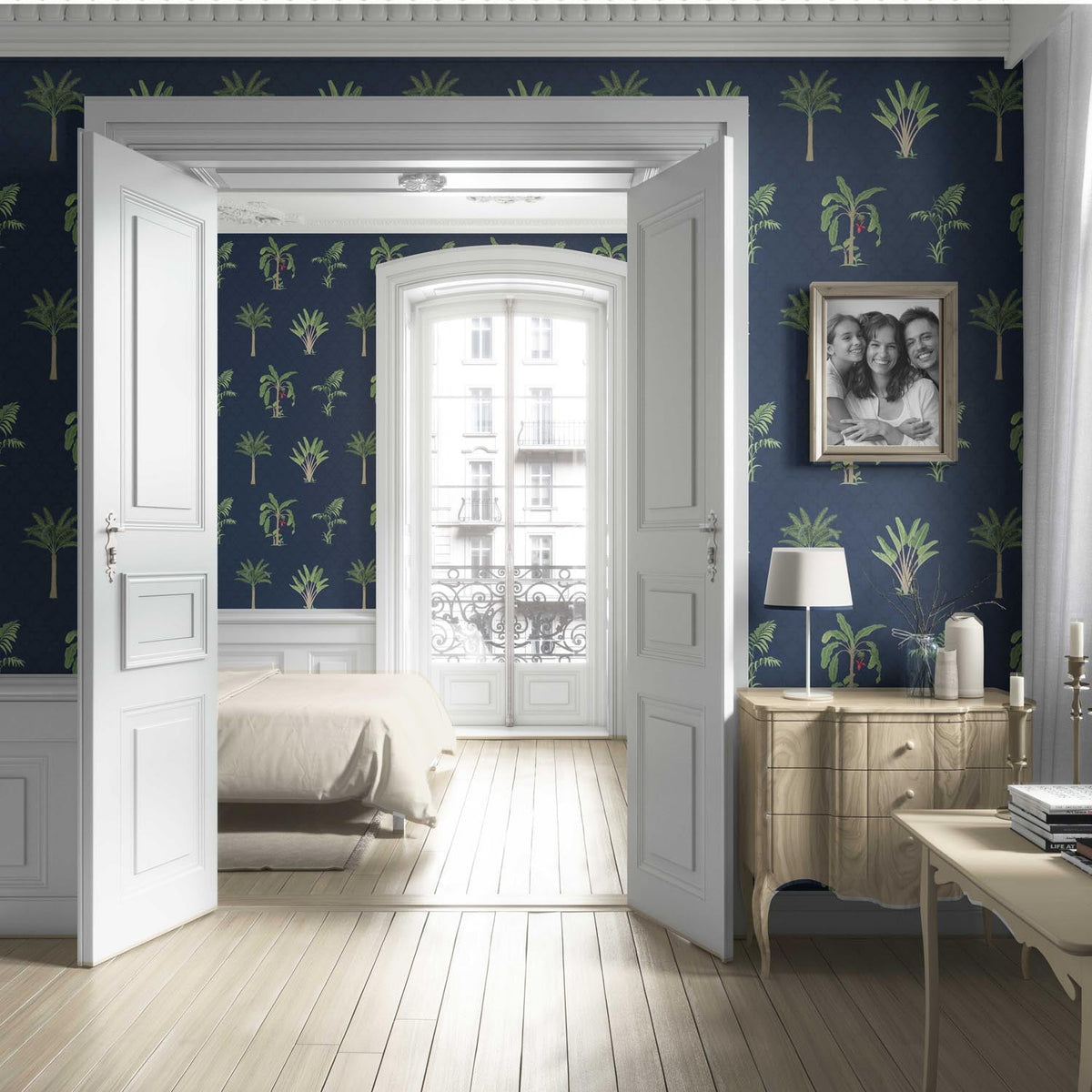 Botanical/ Floral Block Print Living Room Wallpaper (Navy Blue/ Green/ Red)