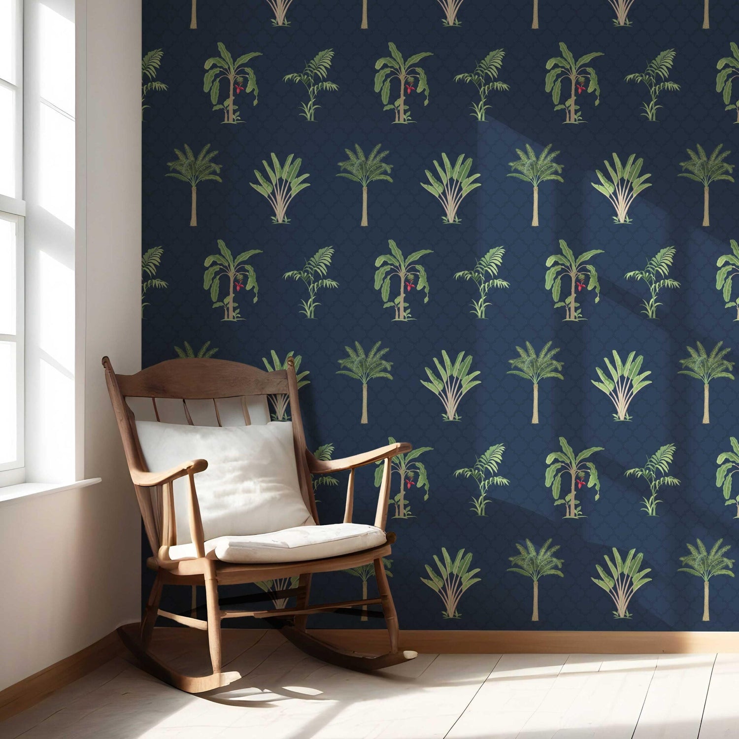 Botanical/ Floral Block Print Nursery Wallpaper (Navy Blue/ Green/ Red)