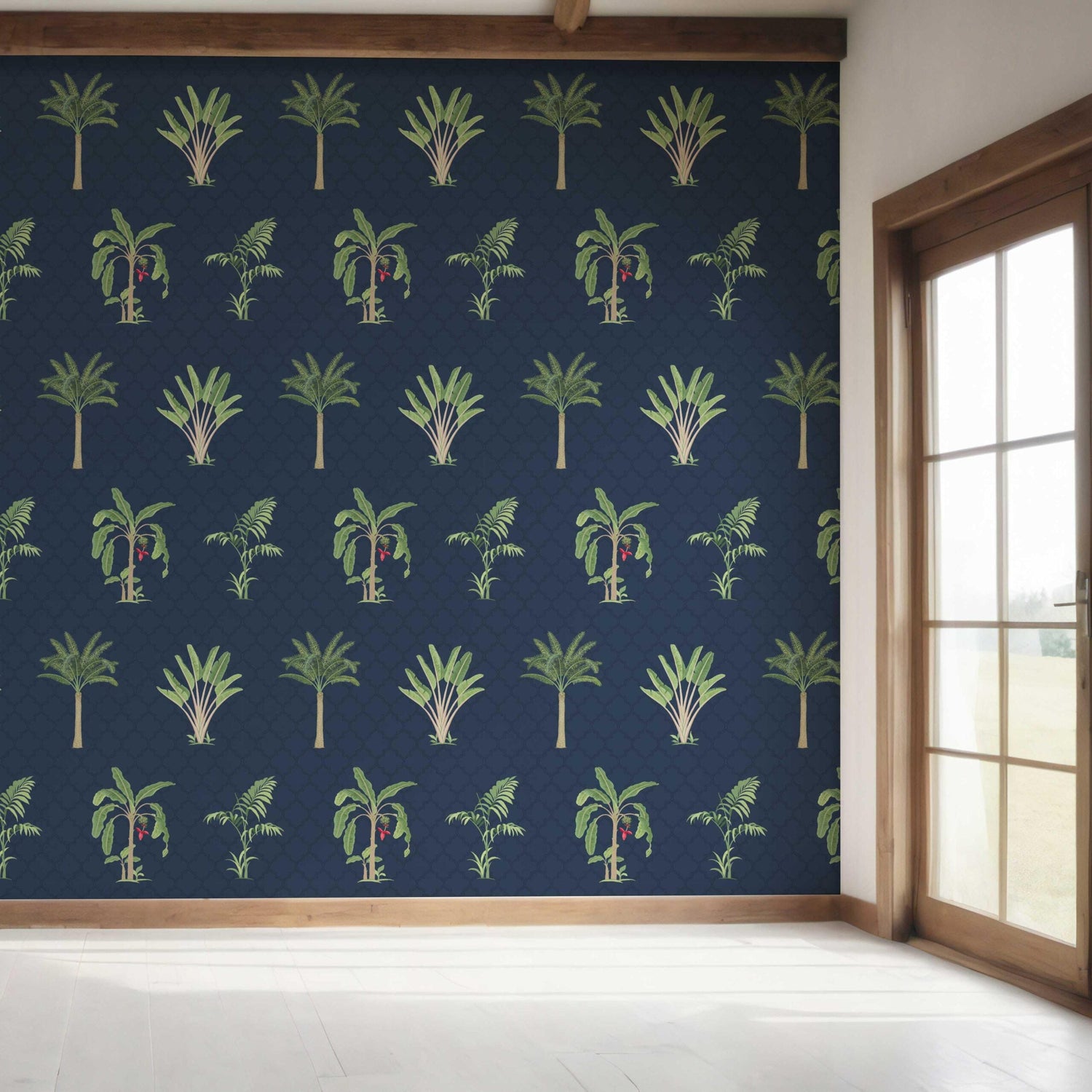 Botanical/ Floral Block Print Shower Toilet Wallpaper (Navy Blue/ Green/ Red)