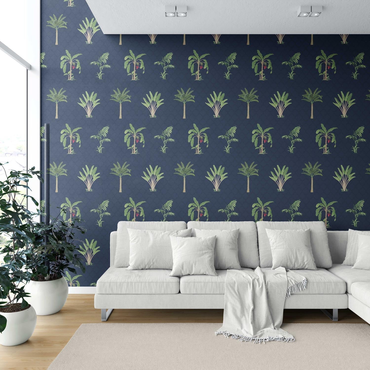 Botanical/ Floral Block Print Bedroom Wallpaper (Navy Blue/ Green/ Red)