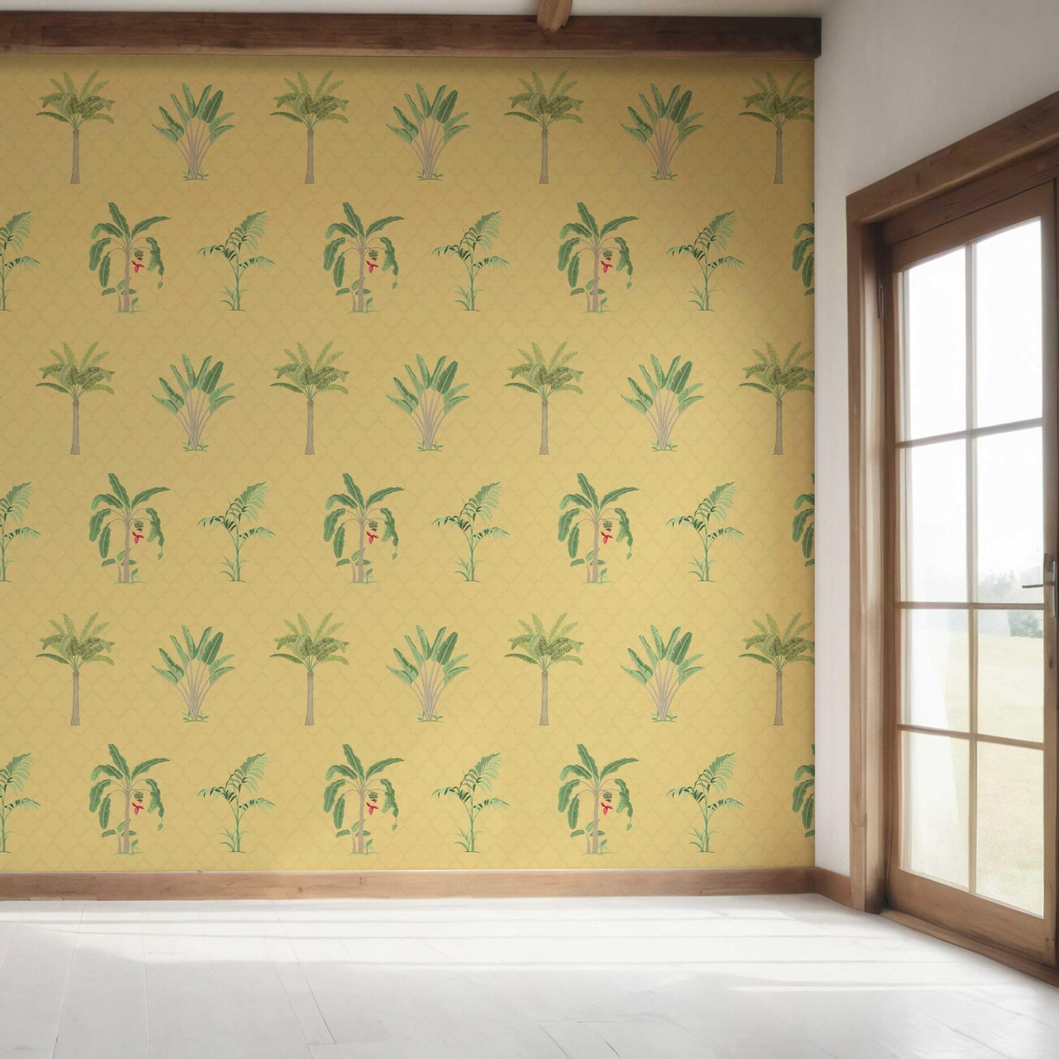 Botanical/ Floral Block Print Bedroom Wallpaper (Yellow/ Green/ Red)