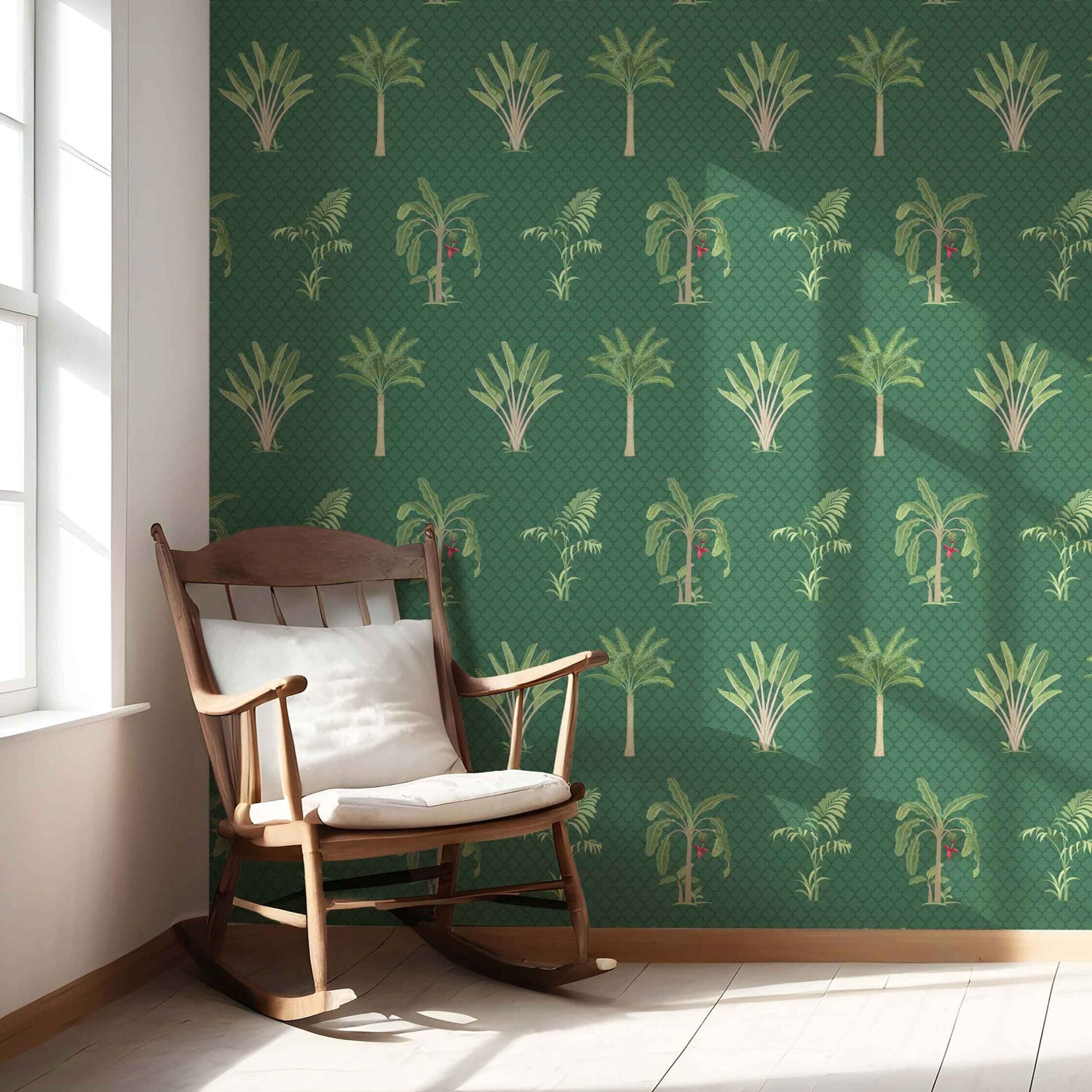 Botanical/ Floral Block Print Nursery Wallpaper (Emerald Green)