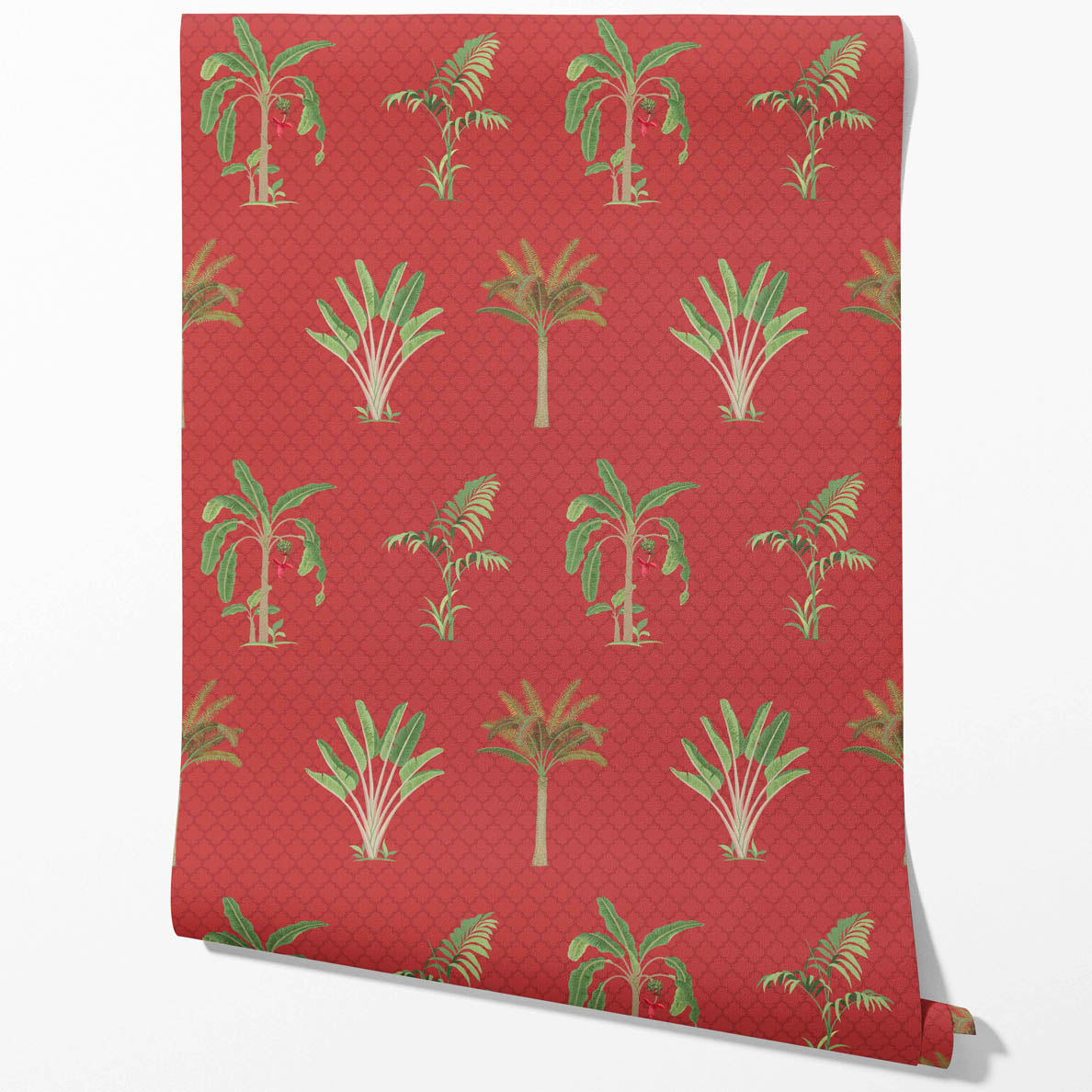 Botanical/ Floral Block Print Kitchen Wallpaper (Red-Orange/ Green)