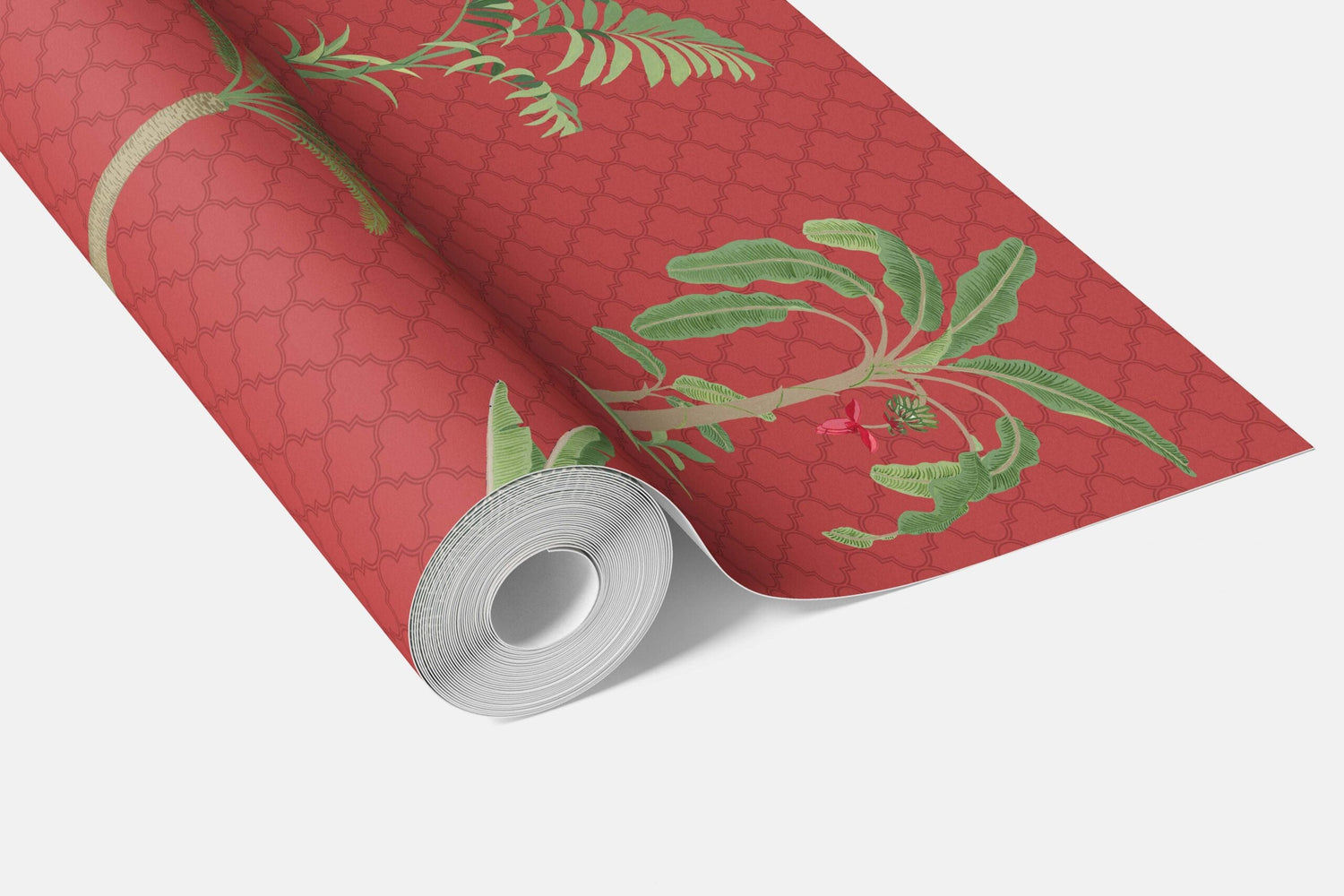 Botanical/ Floral Block Print Bathroom Wallpaper (Red-Orange/ Green)