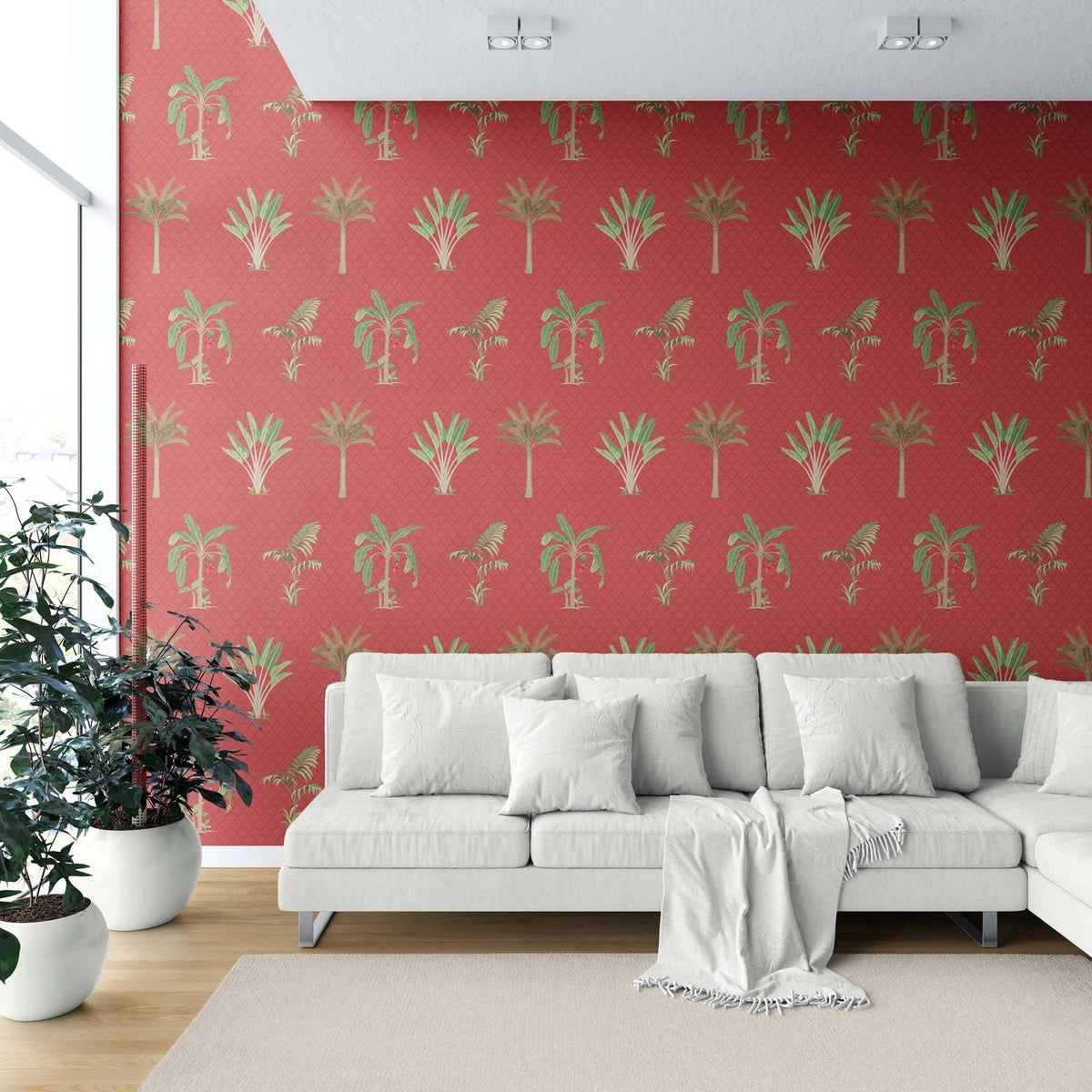 Botanical/ Floral Block Print Shower Toilet Wallpaper (Red-Orange/ Green)