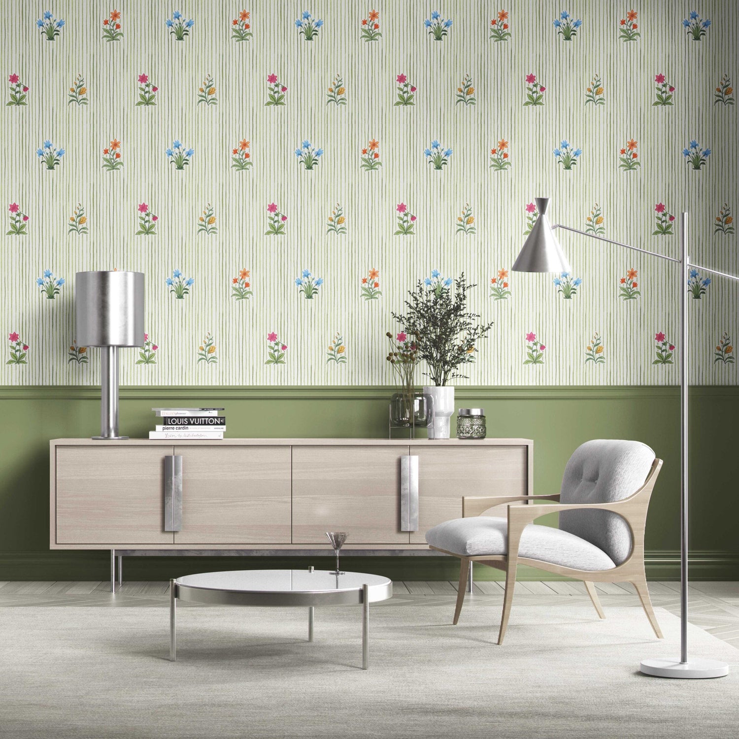 Floral Striped Block Print Kitchen Wallpaper (Green/ Pink/ Blue/ Yellow/ Orange)