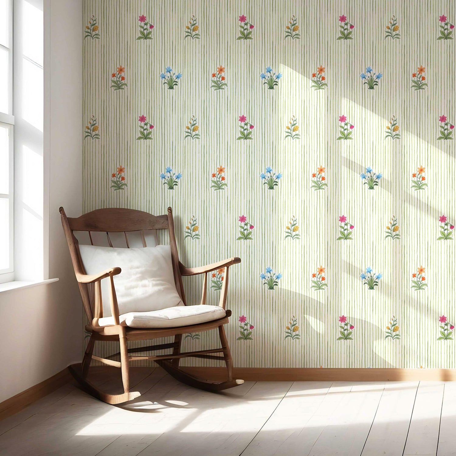 Floral Striped Block Print Nursery Wallpaper (Green/ Pink/ Blue/ Yellow/ Orange)