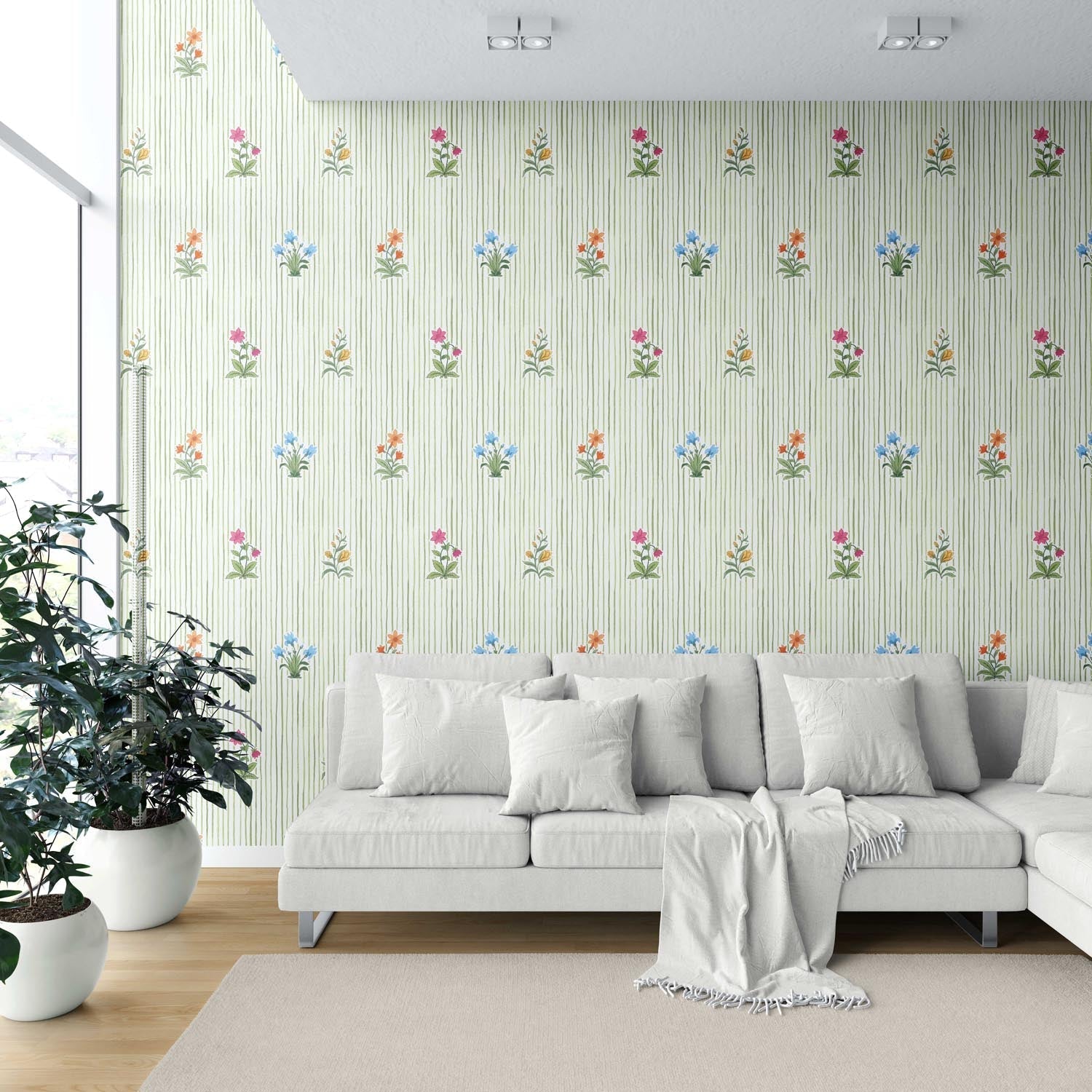 Floral Striped Block Print Shower Toilet Wallpaper (Green/ Pink/ Blue/ Yellow/ Orange)