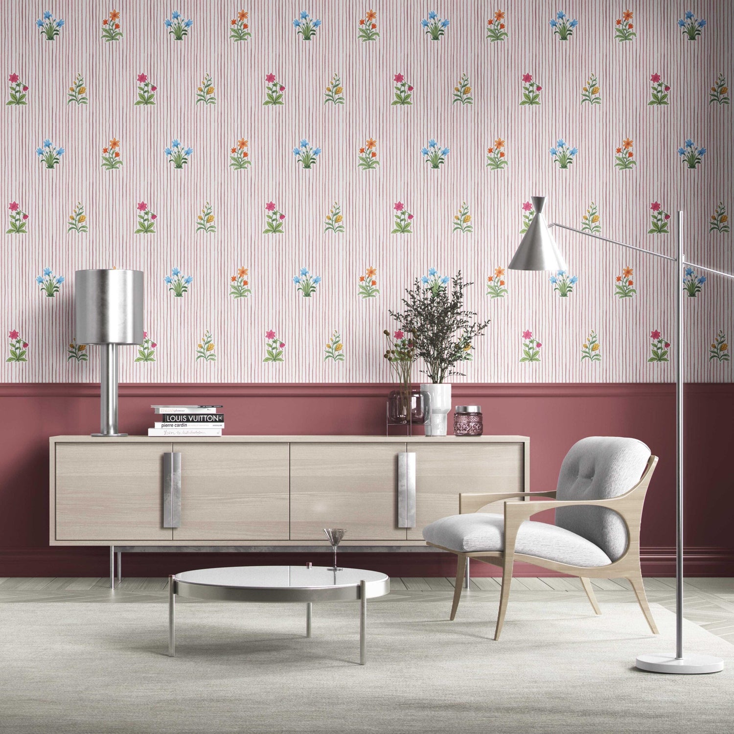 Floral Striped Block Print Kitchen Wallpaper (Pink/ Blue/ Green)