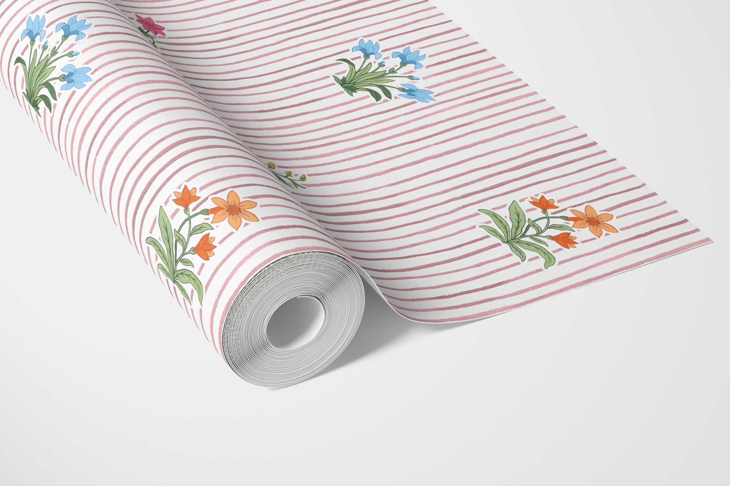 Floral Striped Block Print Bathroom Wallpaper (Pink/ Blue/ Green)