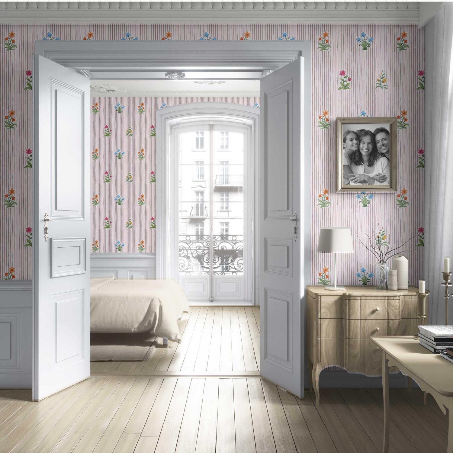 Floral Striped Block Print Living Room Wallpaper (Pink/ Blue/ Green)