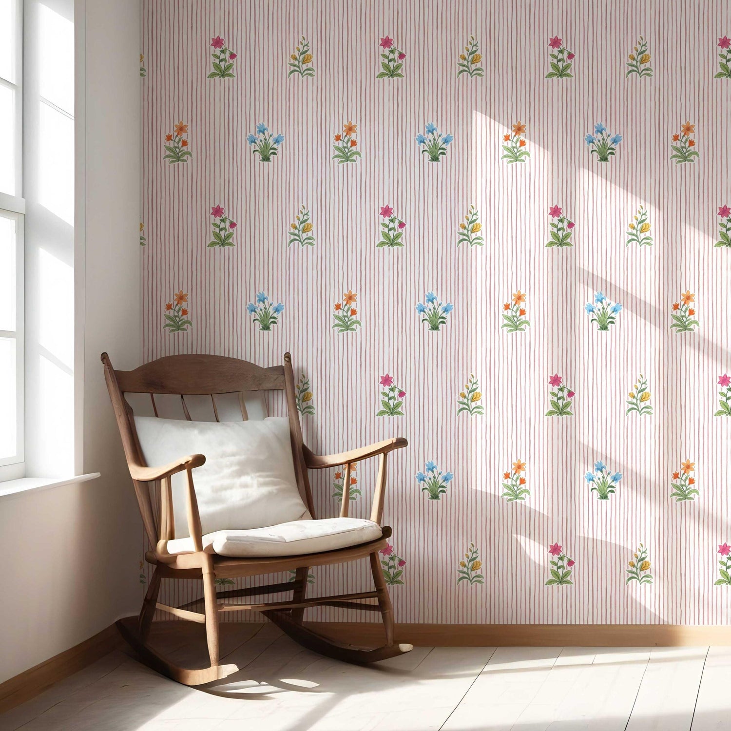 Floral Striped Block Print Nursery Wallpaper (Pink/ Blue/ Green)