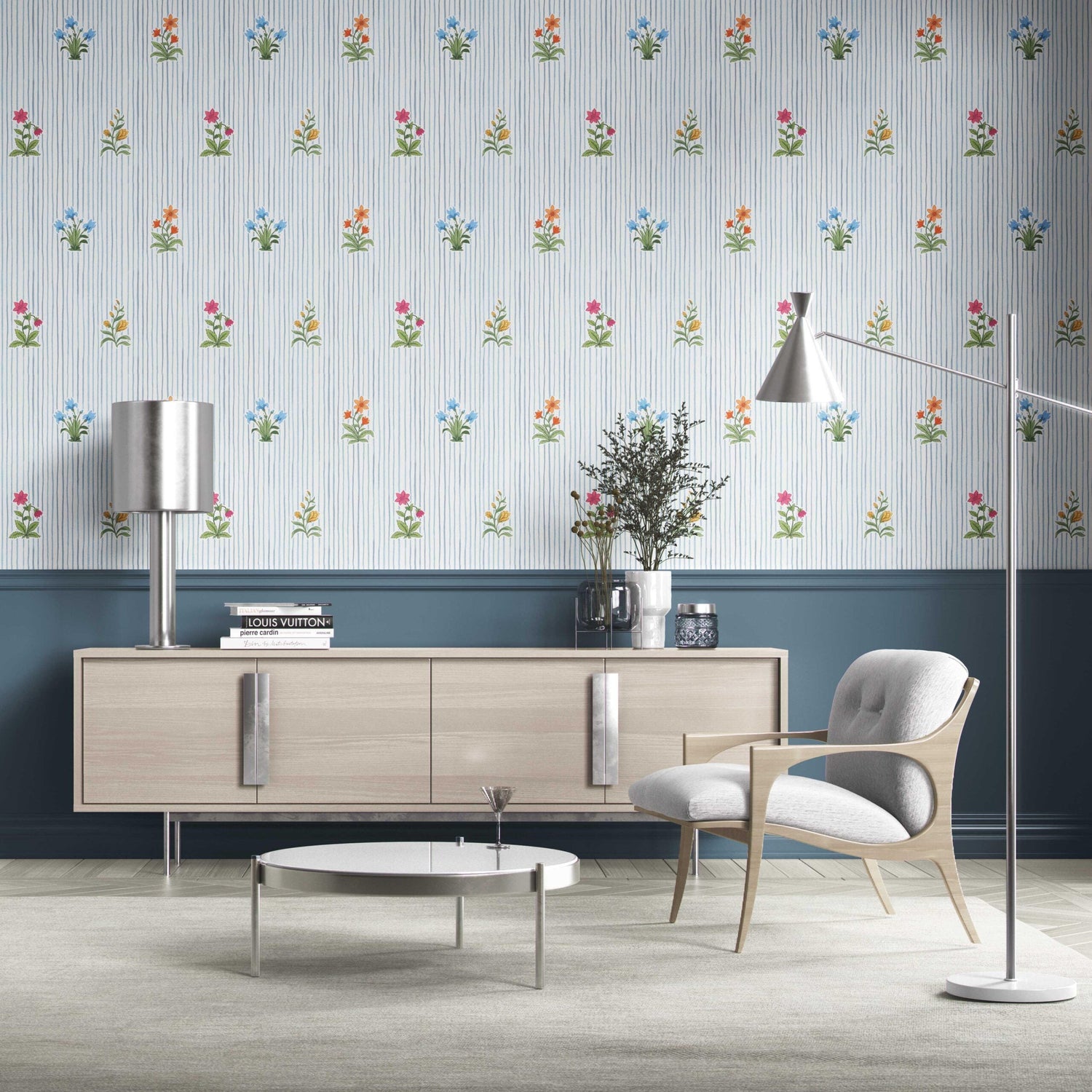 Floral Striped Block Print Kitchen Wallpaper (Blue/ Pink/ Green/ Orange )