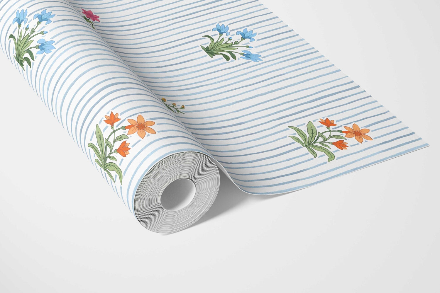 Floral Striped Block Print Bathroom Wallpaper (Blue/ Pink/ Green/ Orange )