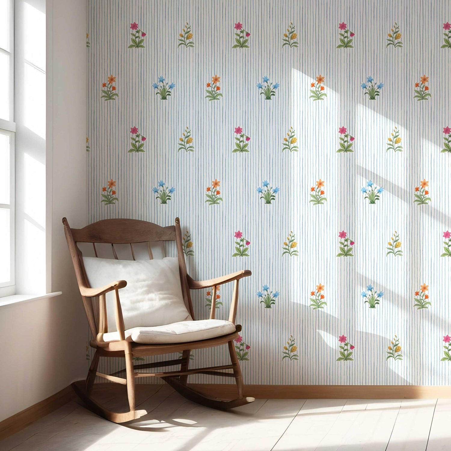 Floral Striped Block Print Nursery Wallpaper (Blue/ Pink/ Green/ Orange )