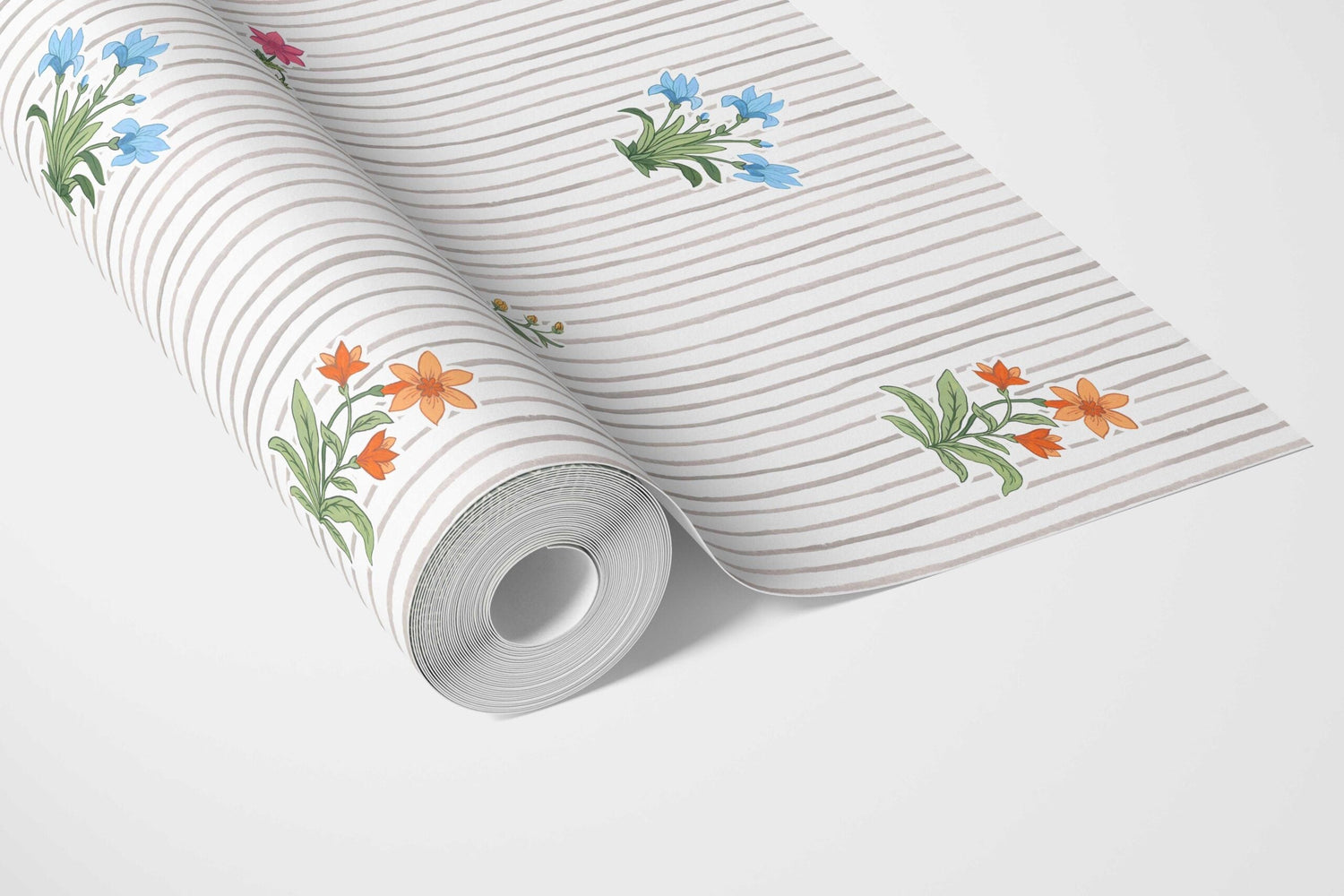 Floral Striped Block Print Kitchen Wallpaper (Gray/ Pink/ Green/ Blue)