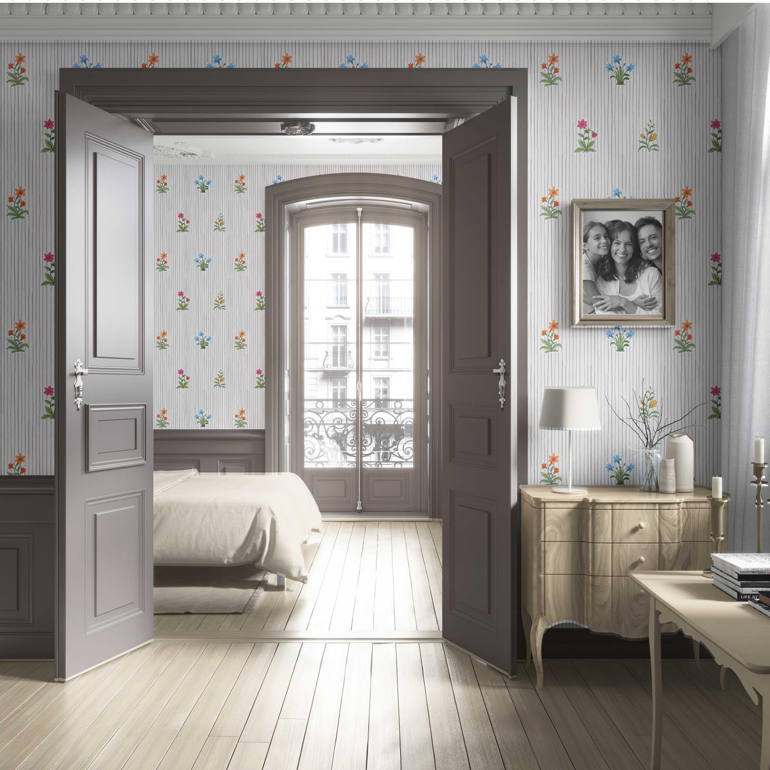 Floral Striped Block Print Nursery Wallpaper (Gray/ Pink/ Green/ Blue)