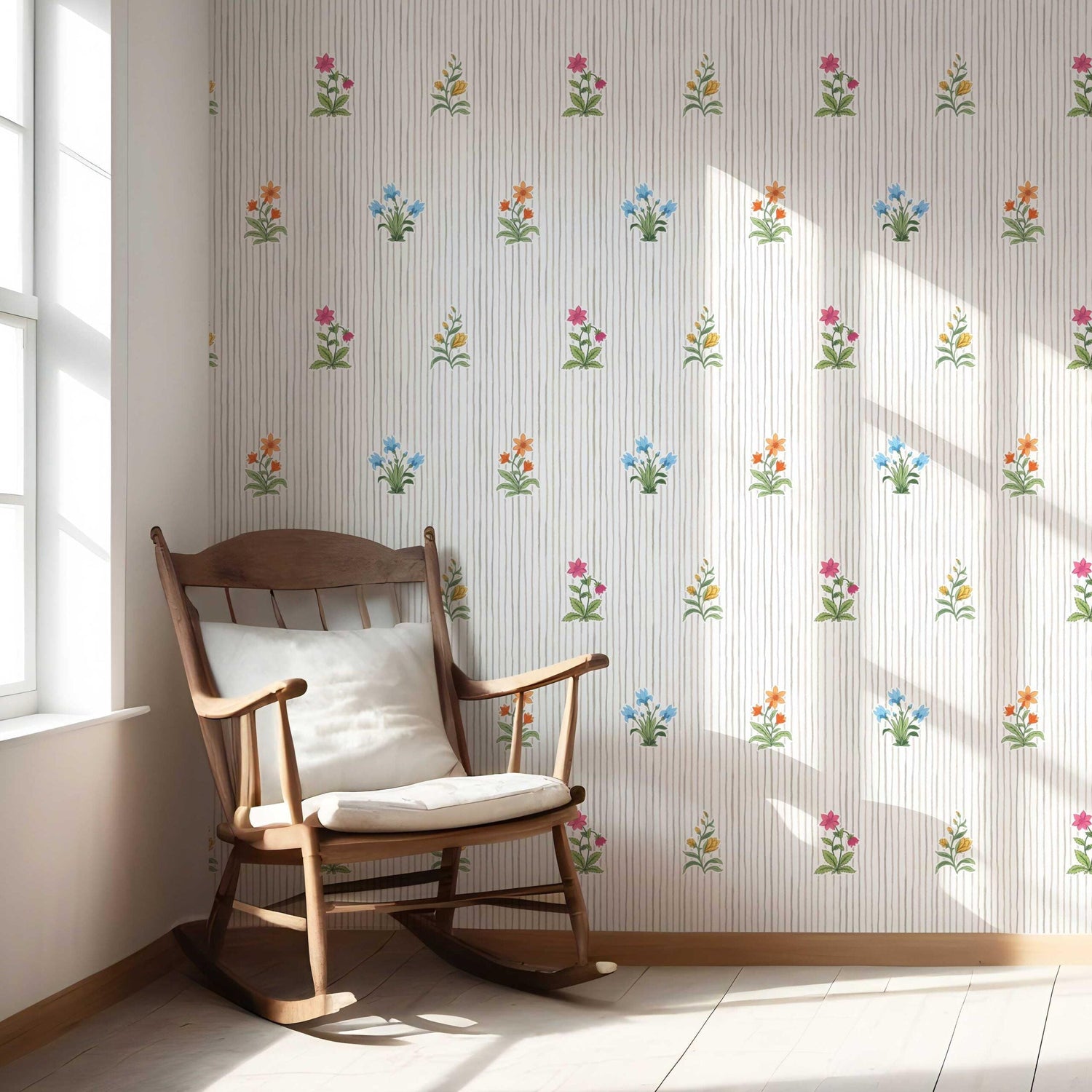 Floral Striped Block Print Shower Toilet Wallpaper (Gray/ Pink/ Green/ Blue)