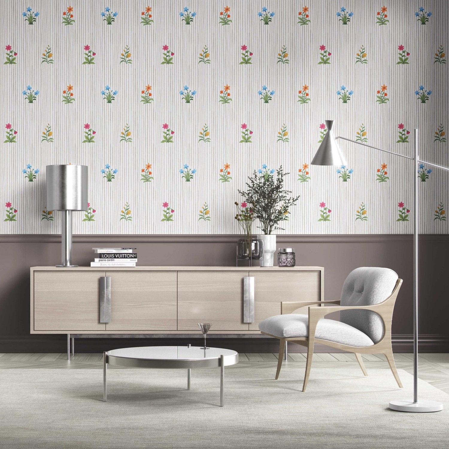 Floral Striped Block Print Bedroom Wallpaper (Gray/ Pink/ Green/ Blue)