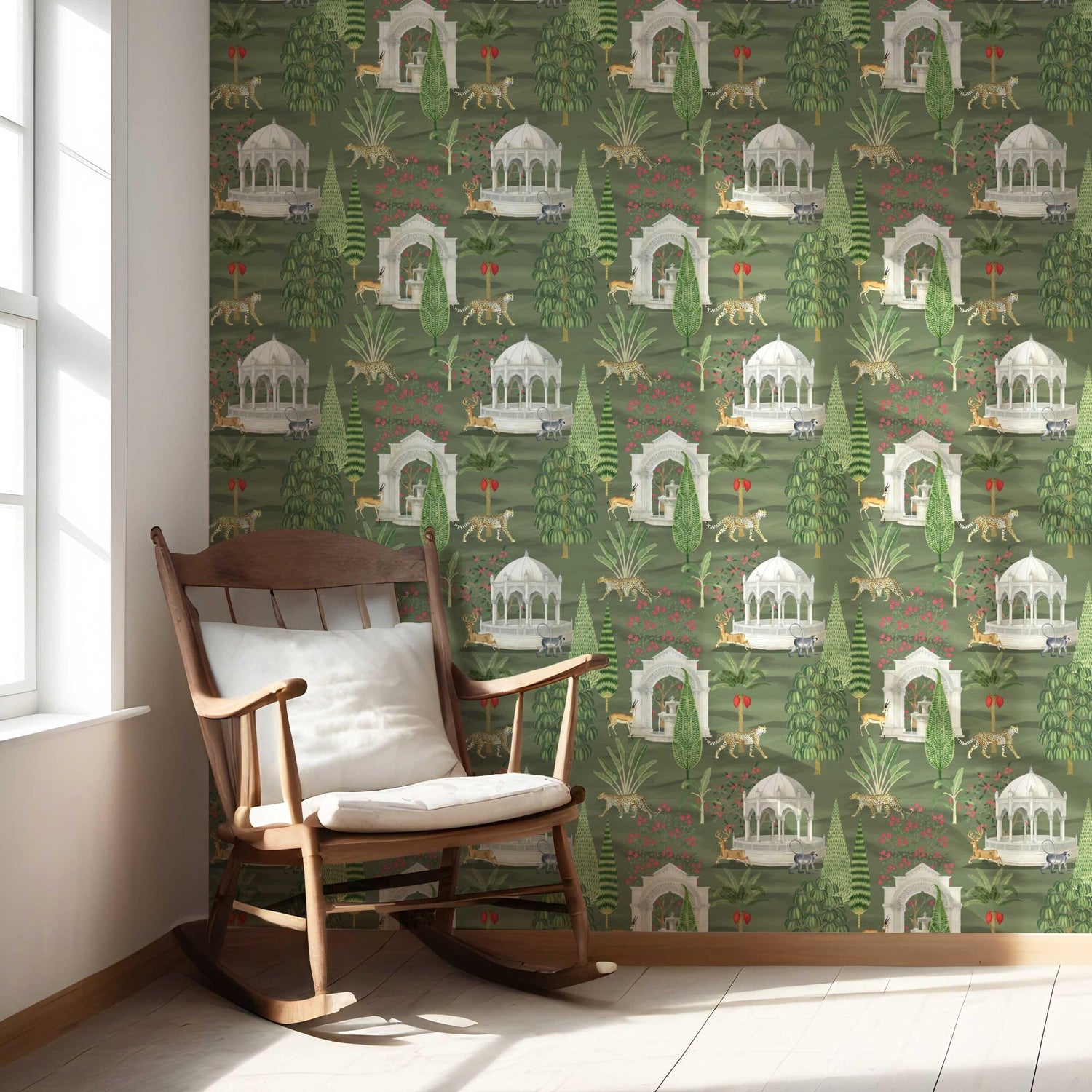 Vintage Heritage/ Ethnic Chinoiserie Nursery Wallpaper (Green/ White/ Pink/ Beige/ Tan)