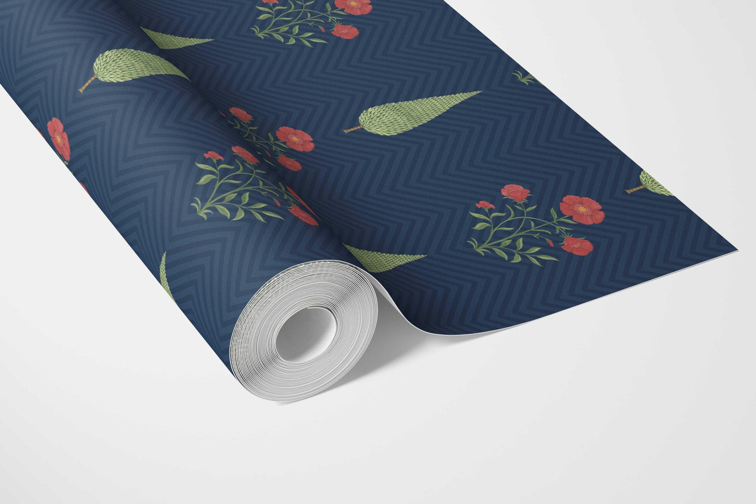 Botanical/ Floral Block Print Bathroom Wallpaper (Navy Blue/ Red/ Green)
