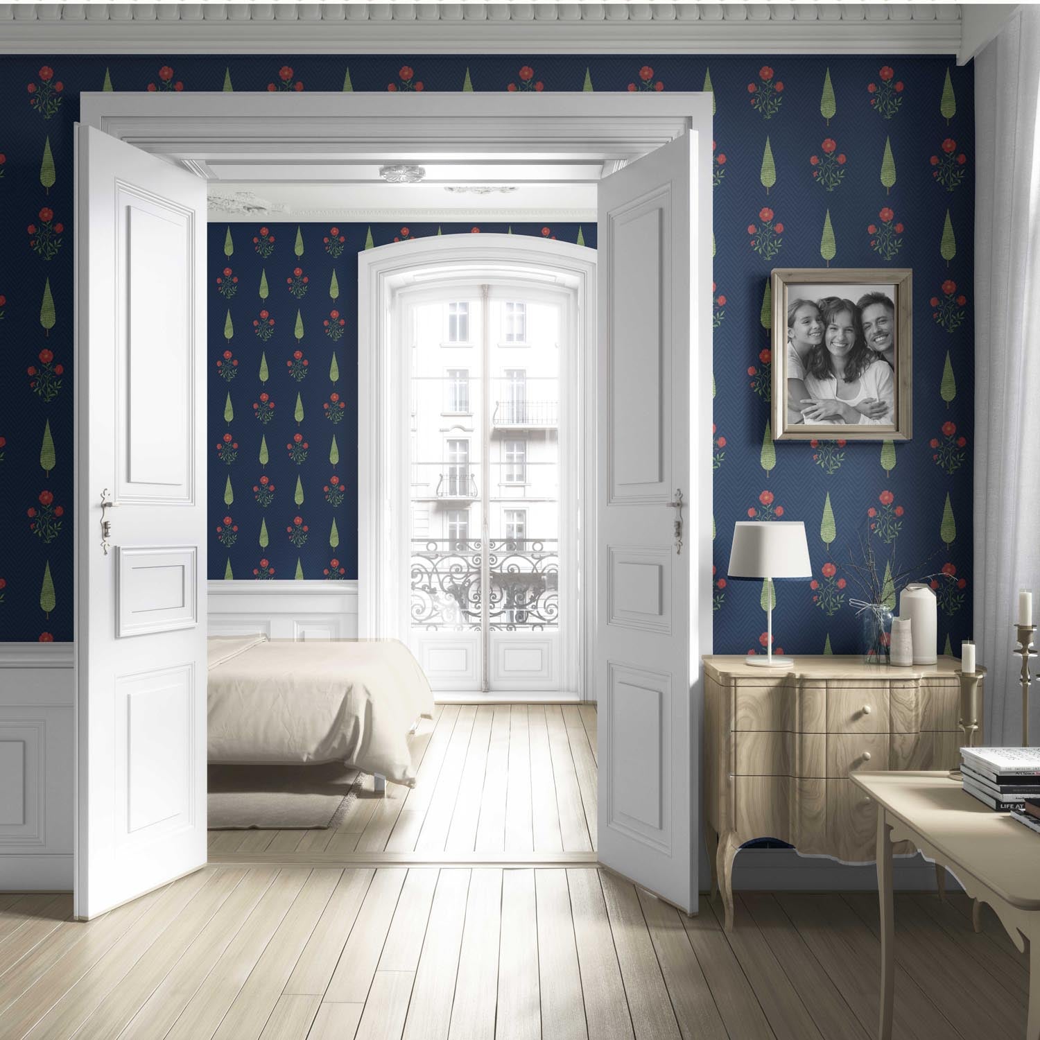 Botanical/ Floral Block Print Living Room Wallpaper (Navy Blue/ Red/ Green)
