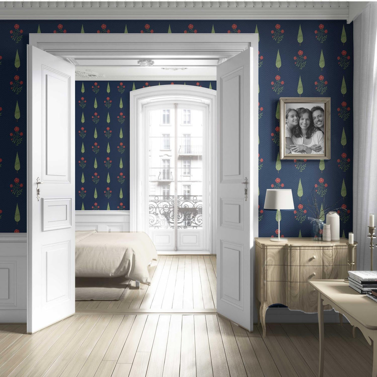 Botanical/ Floral Block Print Living Room Wallpaper (Navy Blue/ Red/ Green)