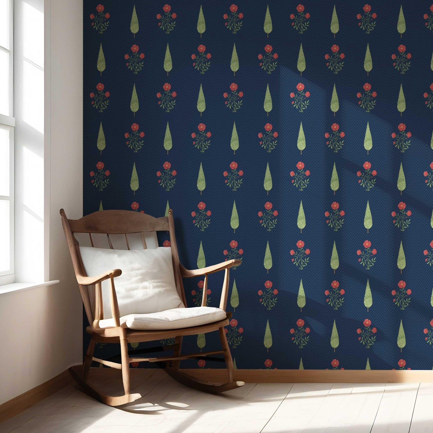 Botanical/ Floral Block Print Nursery Wallpaper (Navy Blue/ Red/ Green)