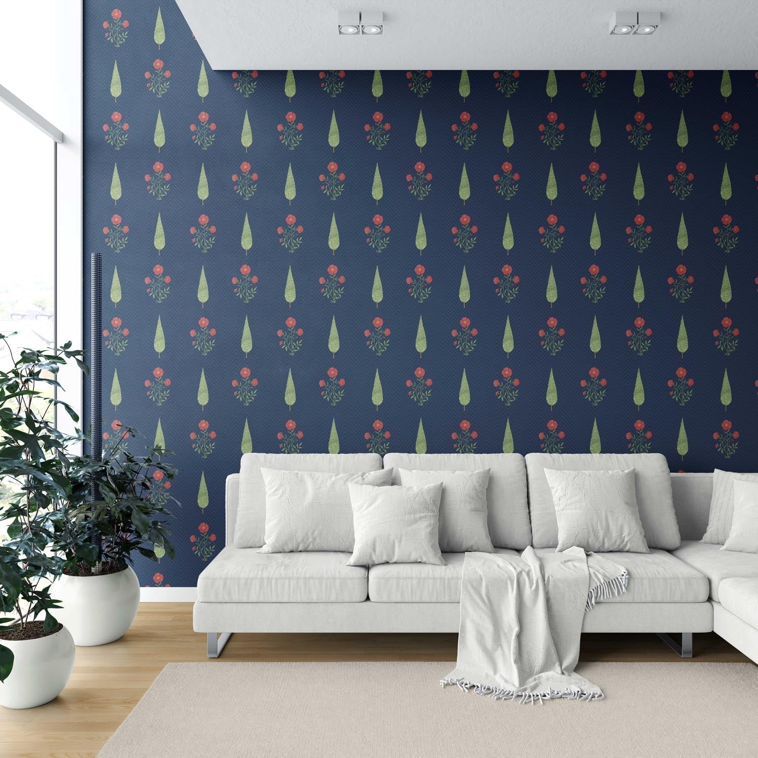 Botanical/ Floral Block Print Shower Toilet Wallpaper (Navy Blue/ Red/ Green)